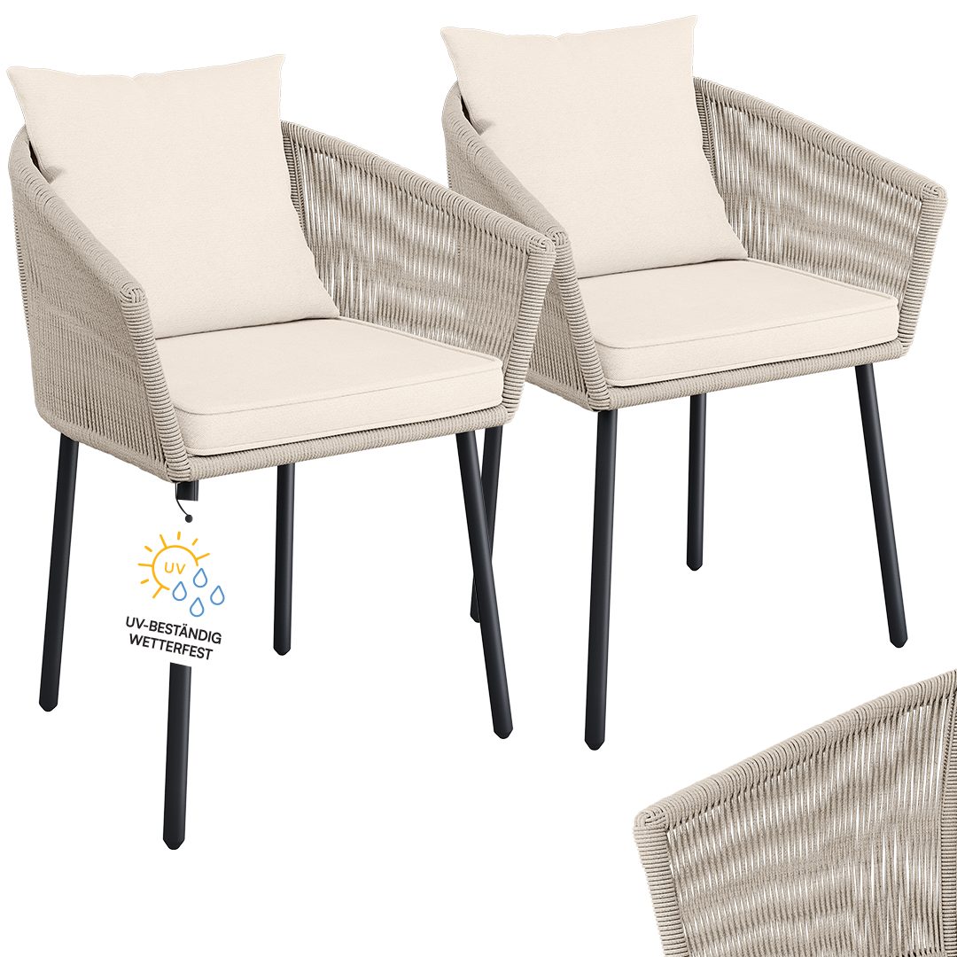 STEELSØN Gartenstuhl Nair mit Sitzauflagen & Kissen (2er Set, beige), Gartensessel aus Polyrattan, elastisches Seilgeflecht, wetterbeständig
