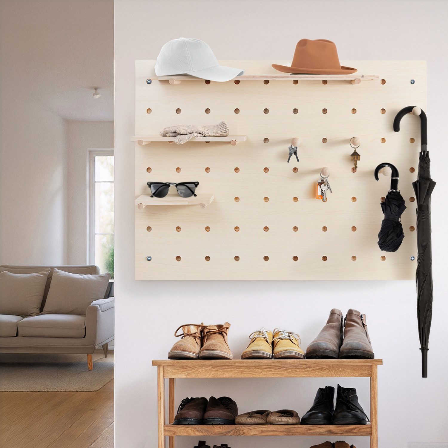 Maclean Wandtafel MC-131 WD Holzbrett-Organisator Steckbrett 60x80 cm, (1-tlg), mit 3 praktischen Ablagen und 5 Aufhängern