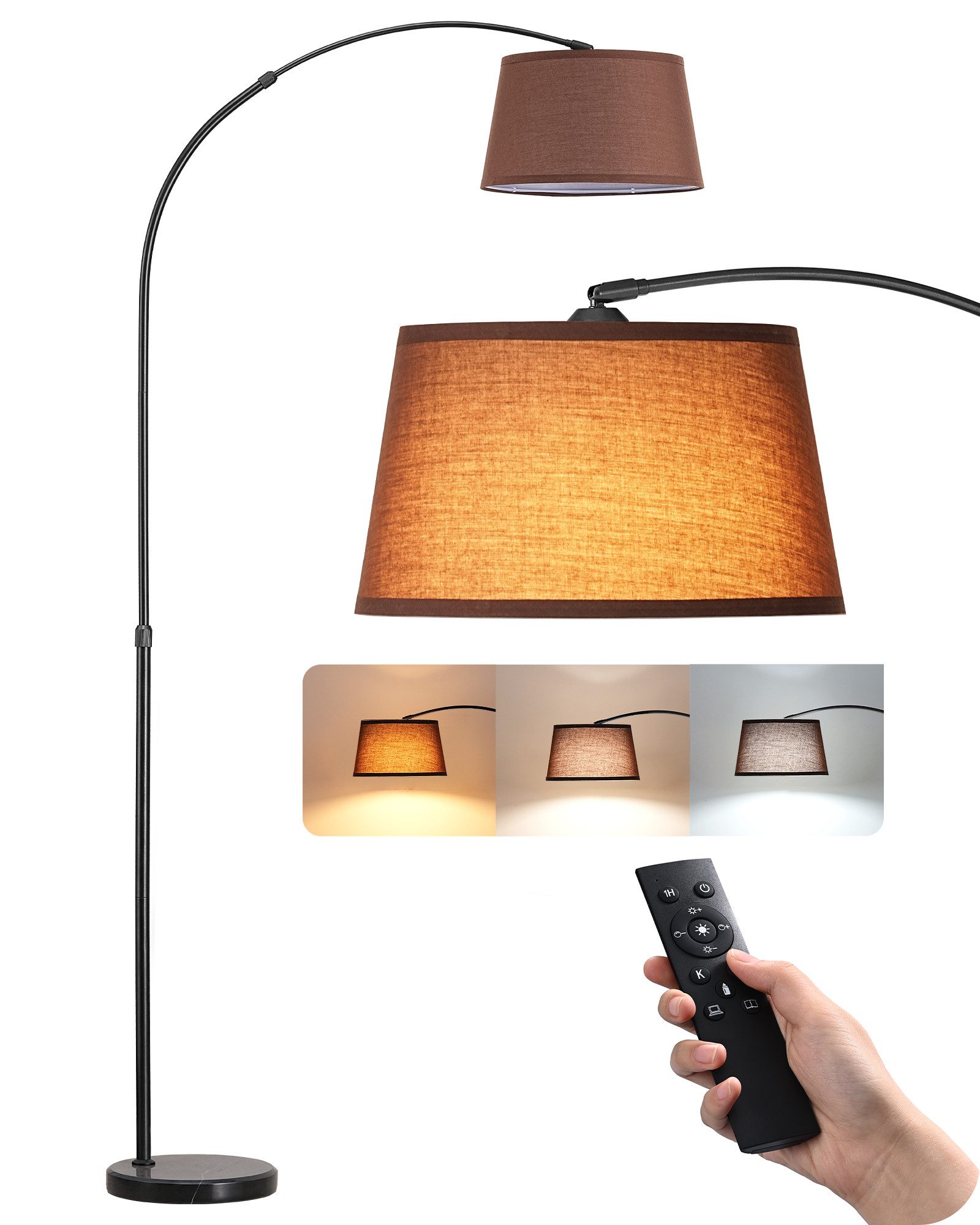EDISHINE Stehlampe Wohnzimmer dimmbar, Standleuchte Höhenverstellbar, LED wechselbar, kaltweiß bis warmweiß dimmbar, LED Bogenlampe mit Fernbedienung