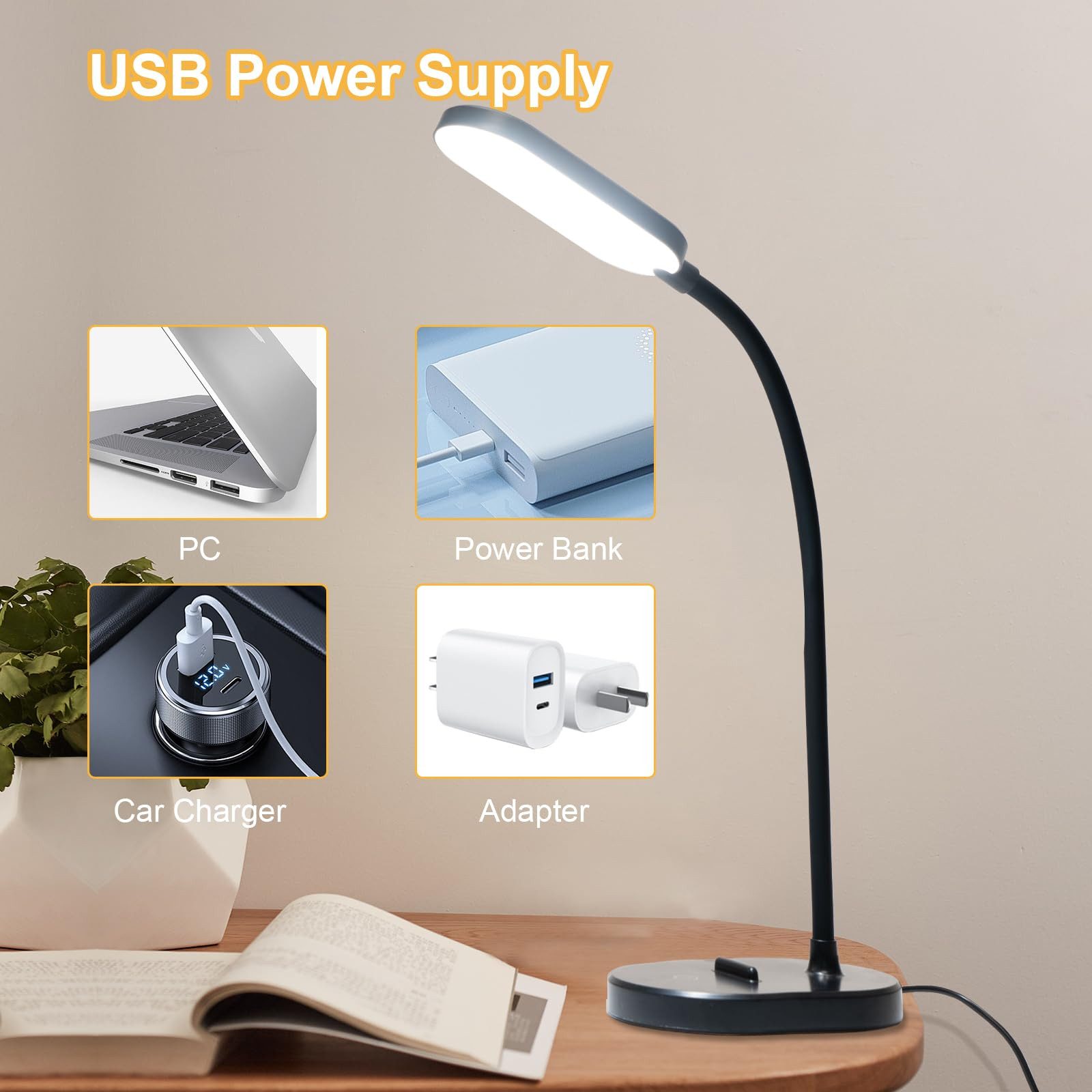 LQWELL Schreibtischlampe Tischleuchte mit Telefonhalter, LED fest integriert, 360° Flexibel Touch-Steuerung, Studienlampe für Heimbüro, 5000k, 160 Lumen, LED Sc – Bild 4 von 5