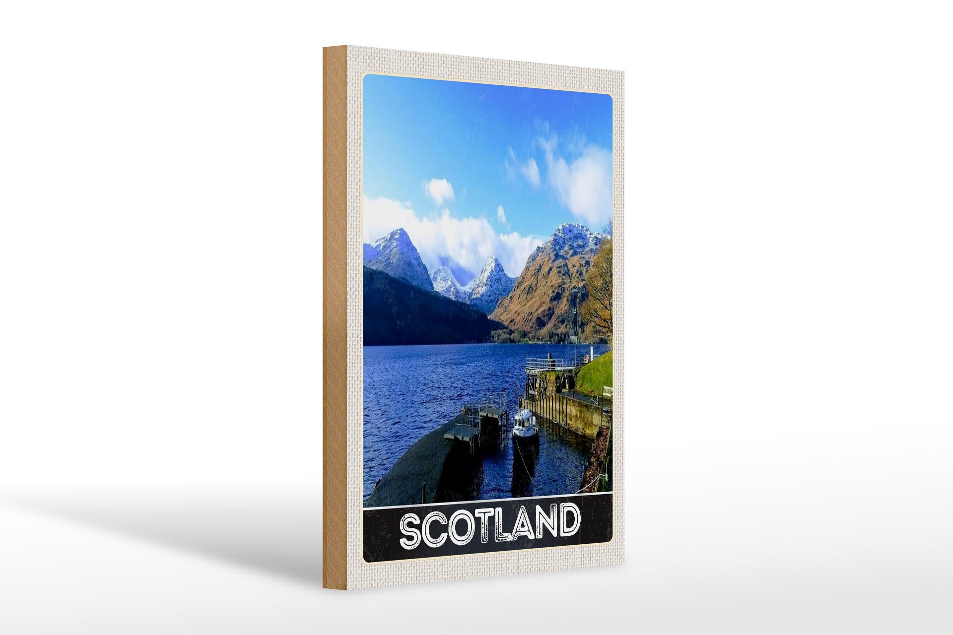 Holzbild Reise 20x30cm Schottland Insel Gebirge Schnee Trip