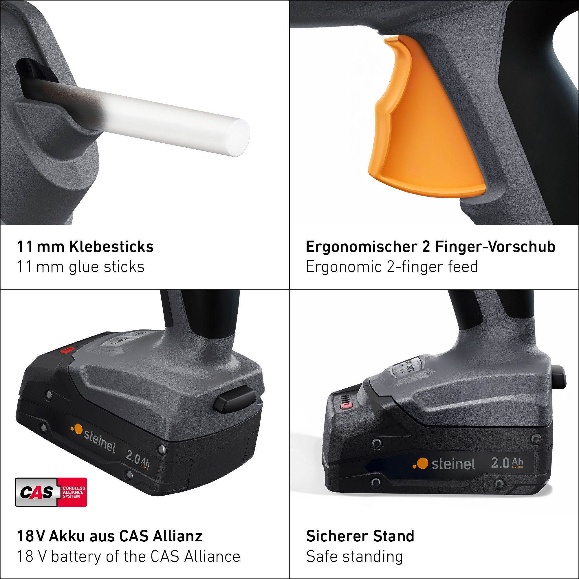 steinel Heißklebepistole MobileGlue 5011, kabellose ø11mm Akku-Heißklebepistole, 2 Temperaturstufen