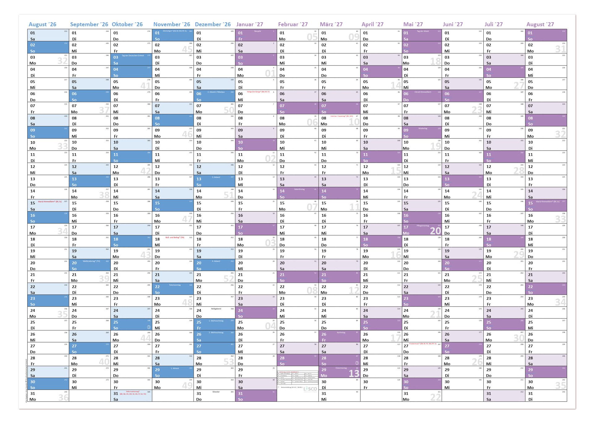 LYSCO Wandkalender Schuljahreskalender Schulkalender DIN B1 / DIN A1 - 2026/2027, Lehrerkalender Schulplaner, 13 Monate August 2026 bis August 2027, Querformat, gerollt versendet