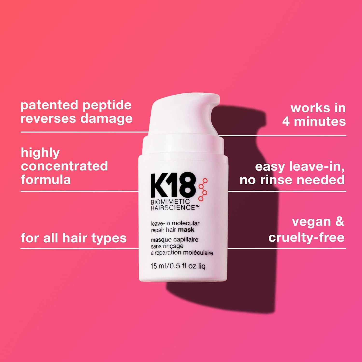 K18 Haarmaske Leave-In Molecular Repair Hair Mask 15ml – Leave-in Haarmaske für, geschädigtes Haar – intensive Haarpflege nach Hitze-Styling, Blondierung & chemischen Behandlungen, 4 Minuten Einwirkzeit