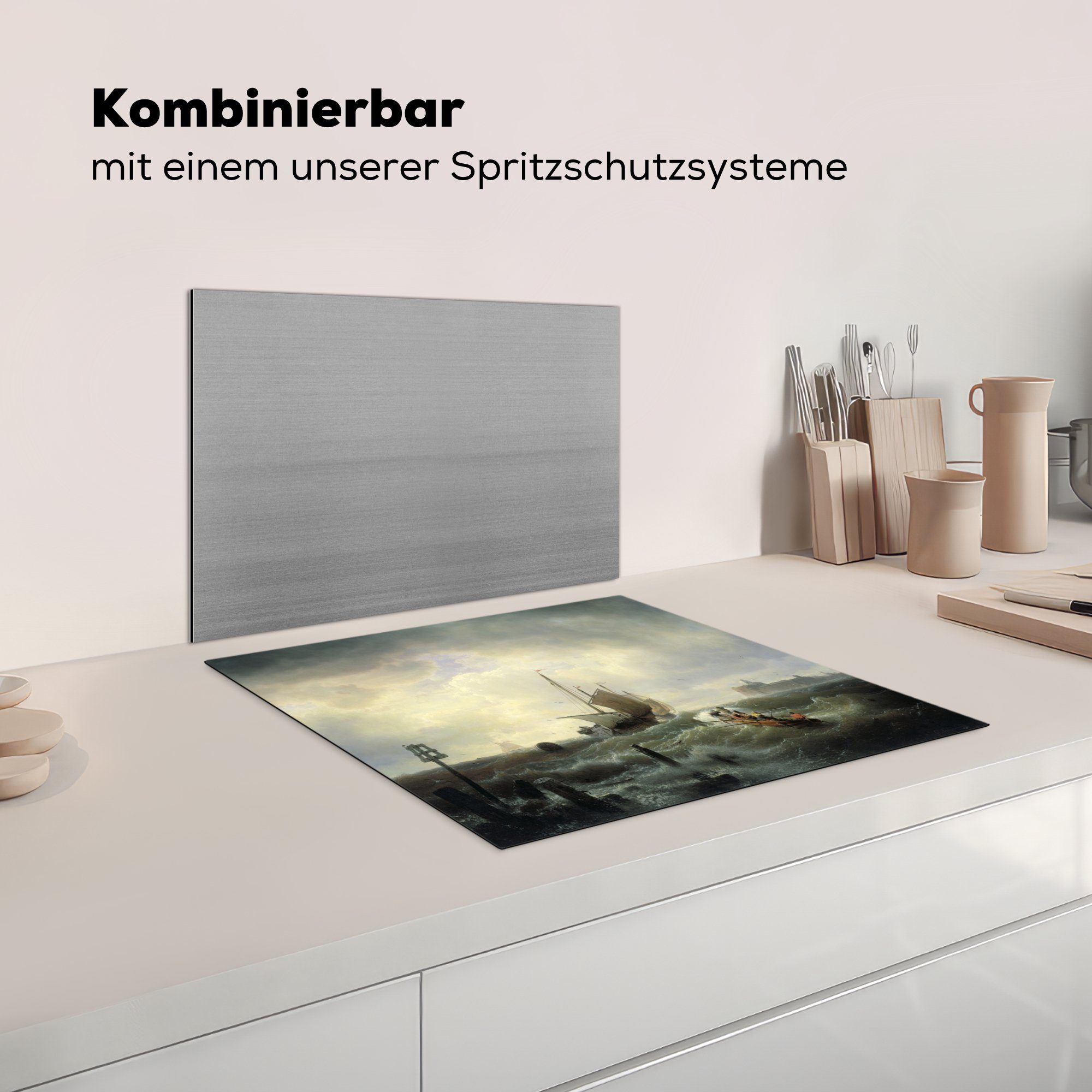 cm, von zum nutzbar, Andreas Arbeitsfläche Ceranfeldabdeckung Vinyl, Einfahrt Hellevoetsluis 60x52 Hafen Gemälde MuchoWow (1 - Herdblende-/Abdeckplatte tlg), Mobile Achenbach, von