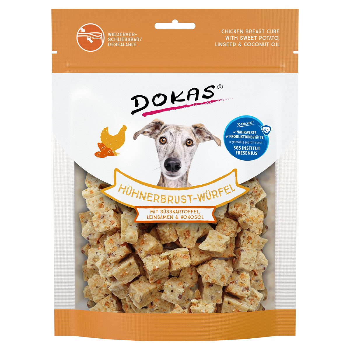 Dokas Hühnerbrust-Würfel mit Süßkartoffeln, Leinsamen, Kokos 150 g, Snack für: Hund