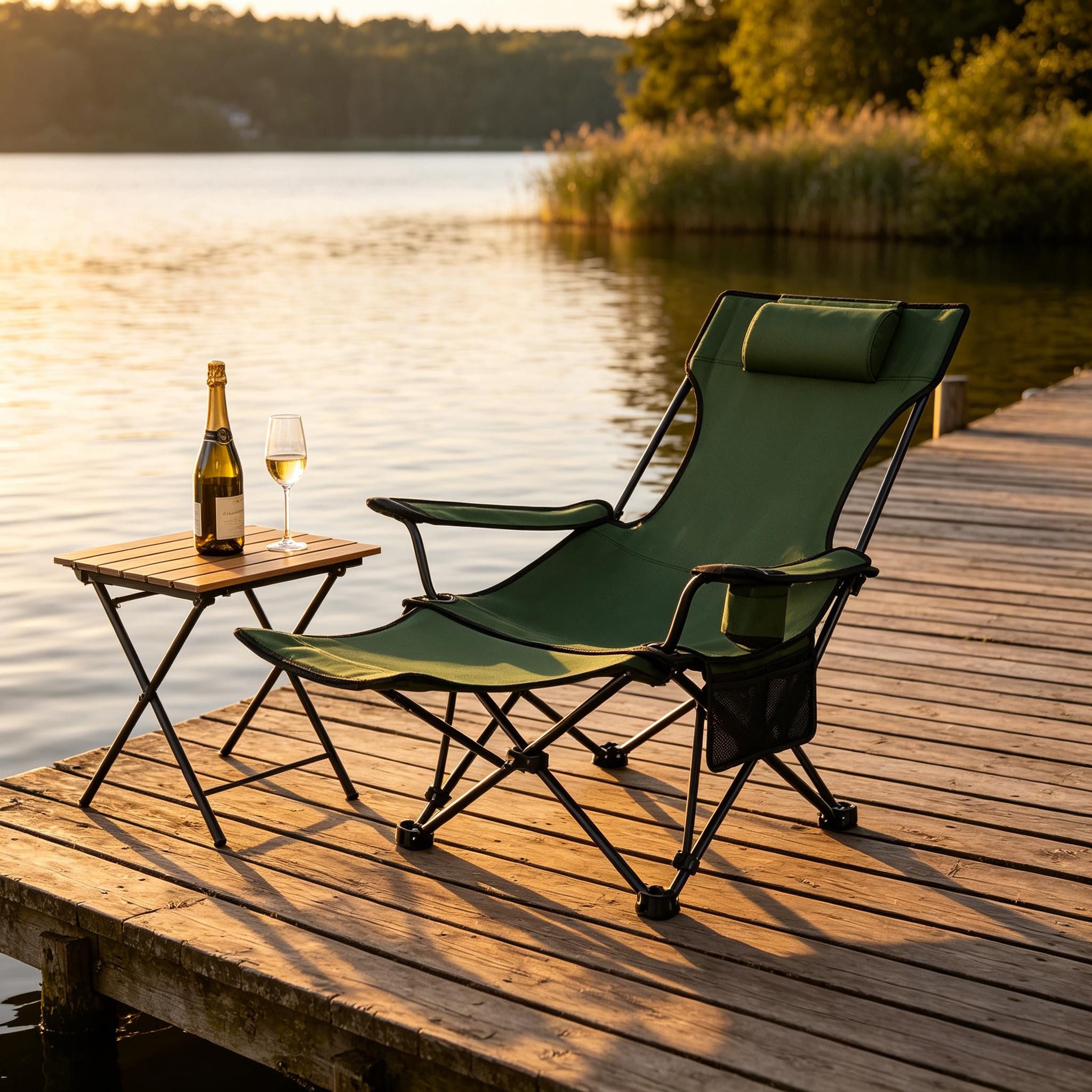 CHICFURN Campingstuhl Angelstuhl mit ausziehbarer Fußlehne und ergonomischem Sitz (Packung, 1 St), Tragbarer Freizeitstuhl für Wandern und Outdoor, Grün