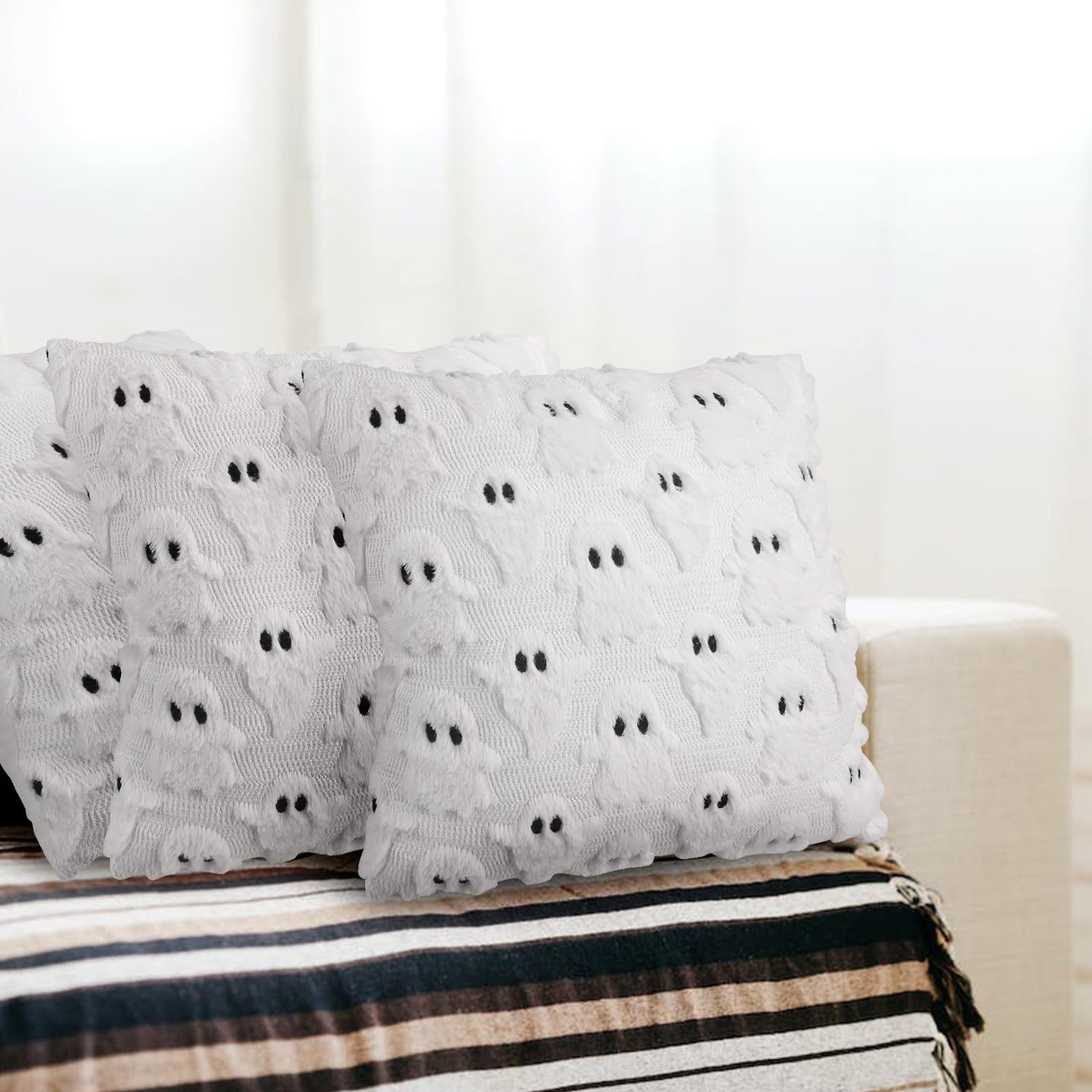 FOUORTUNATE-BEE Kissenbezüge Halloween Kissenbezüge 45x45 cm 2er Set Geist Motiv Deko, Herbst Kissenhüllen Geister Design für Sofa Bett Zimmer Dekor