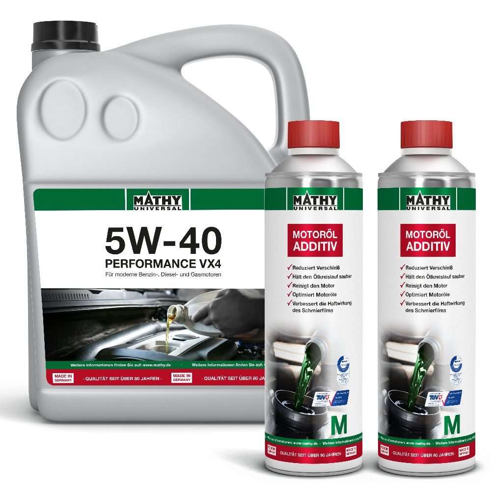 MATHY Motoröl MATHY Ölwechsel-Set 5W-40 Performance VX 4 5,0 l + 2 x 500 ml, (4-tlg), Motoröl + langfristiger Verschleißschutz