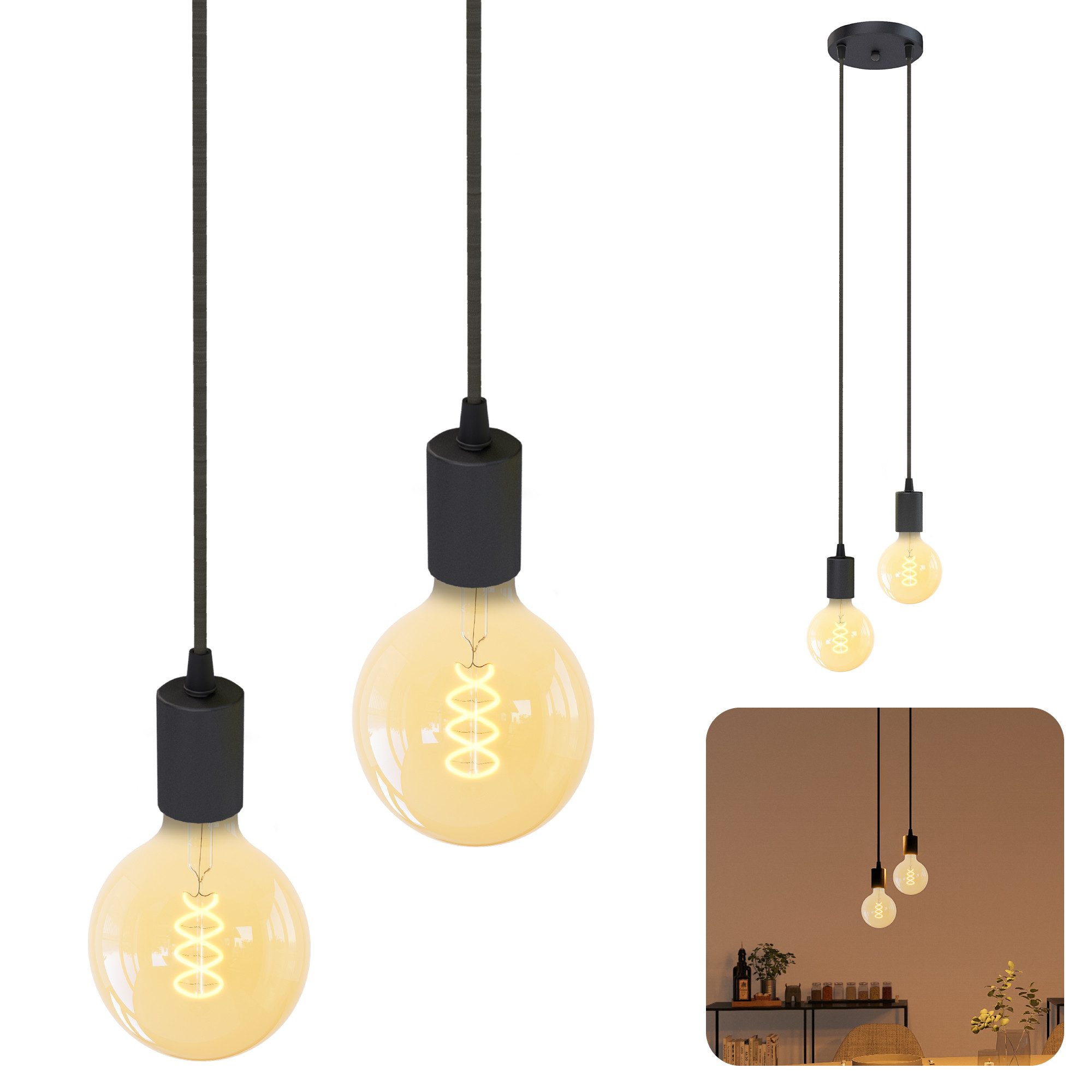 SSC-LUXon LED-Hängeleuchte Hängelampe PARU 2-flammig LED E27 Globe XL Birne dimmbar 3W, Extra Warmweiß