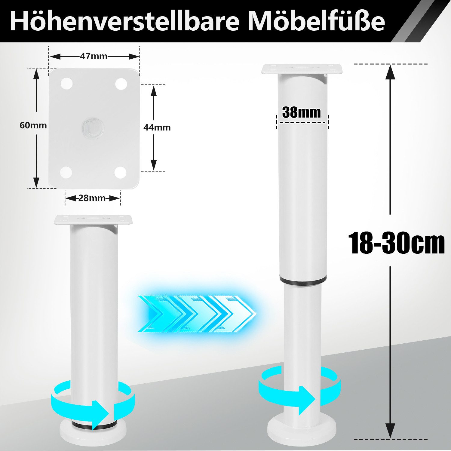 Clanmacy Möbelfuß 4X Möbelfüße 18-30cm Dehnbar( Weiß) Verstellbar Hotel Sockelfüße Füße – Bild 2 von 5