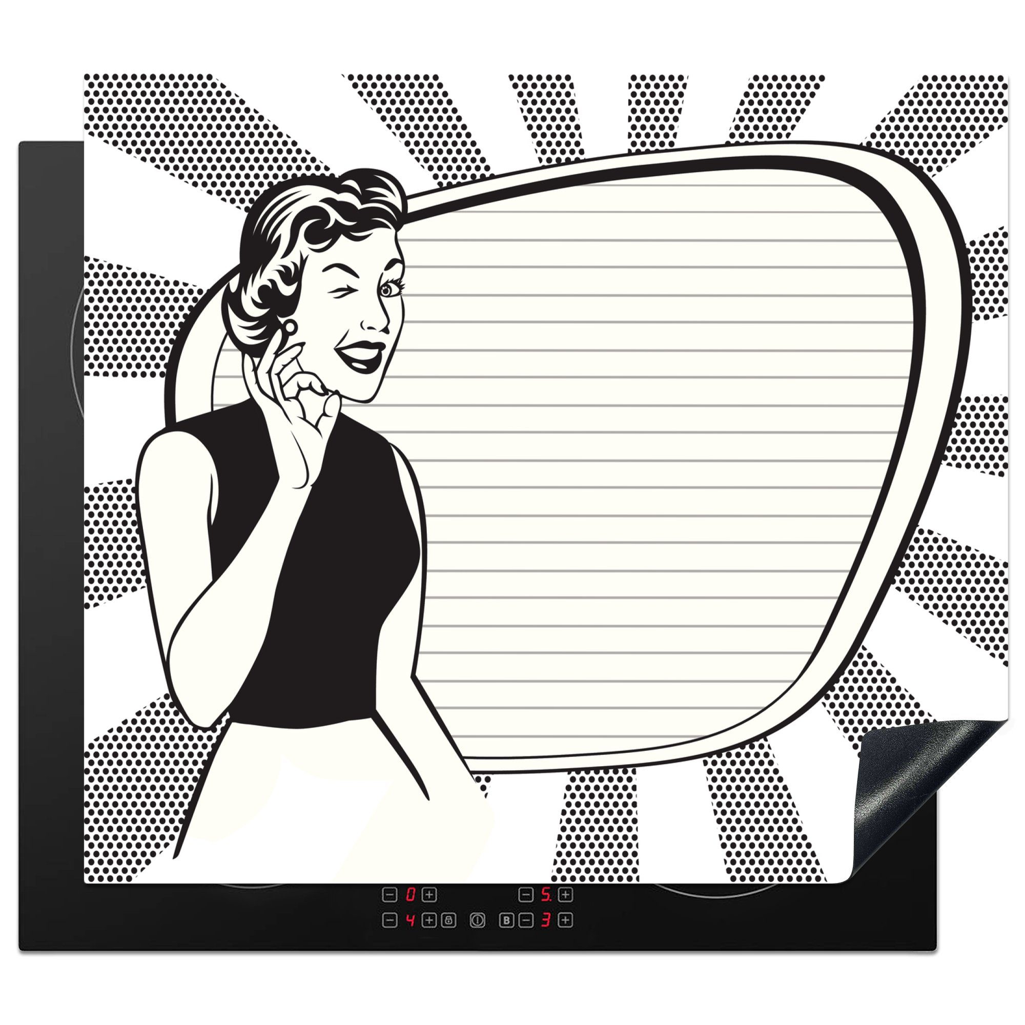 MuchoWow Herdblende-/Abdeckplatte Eine Schwarz-Weiß-Illustration einer Retro-Frau, Vinyl, (1 tlg), 60x52 cm, Mobile Arbeitsfläche nutzbar, Ceranfeldabdeckung