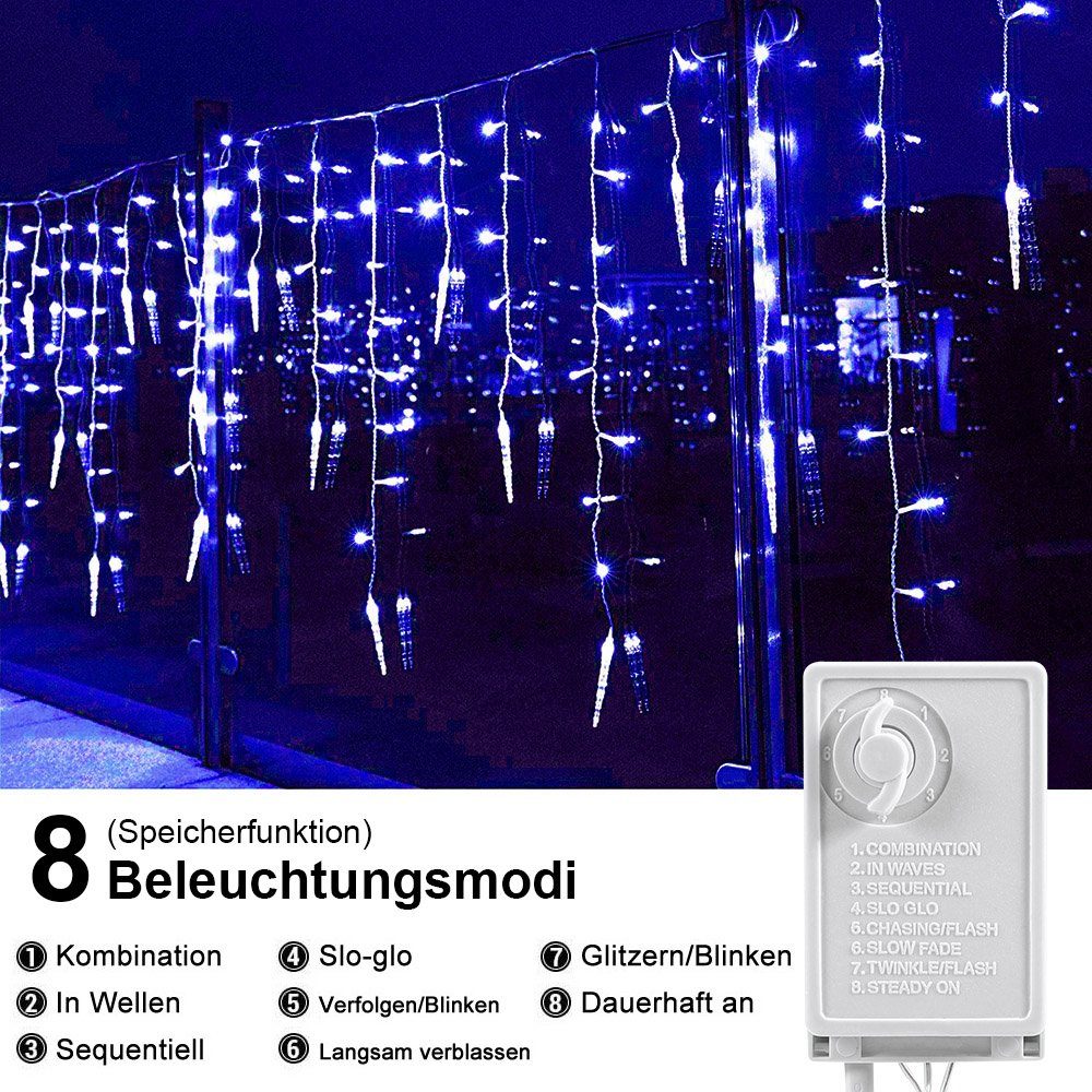 Rosnek Eiszapfen-Anhänger, Memory-Funktion; LED-Lichtervorhang Weihnachtsdeko, Modi, Traufe wasserdicht, für 8 anschließbar Blau