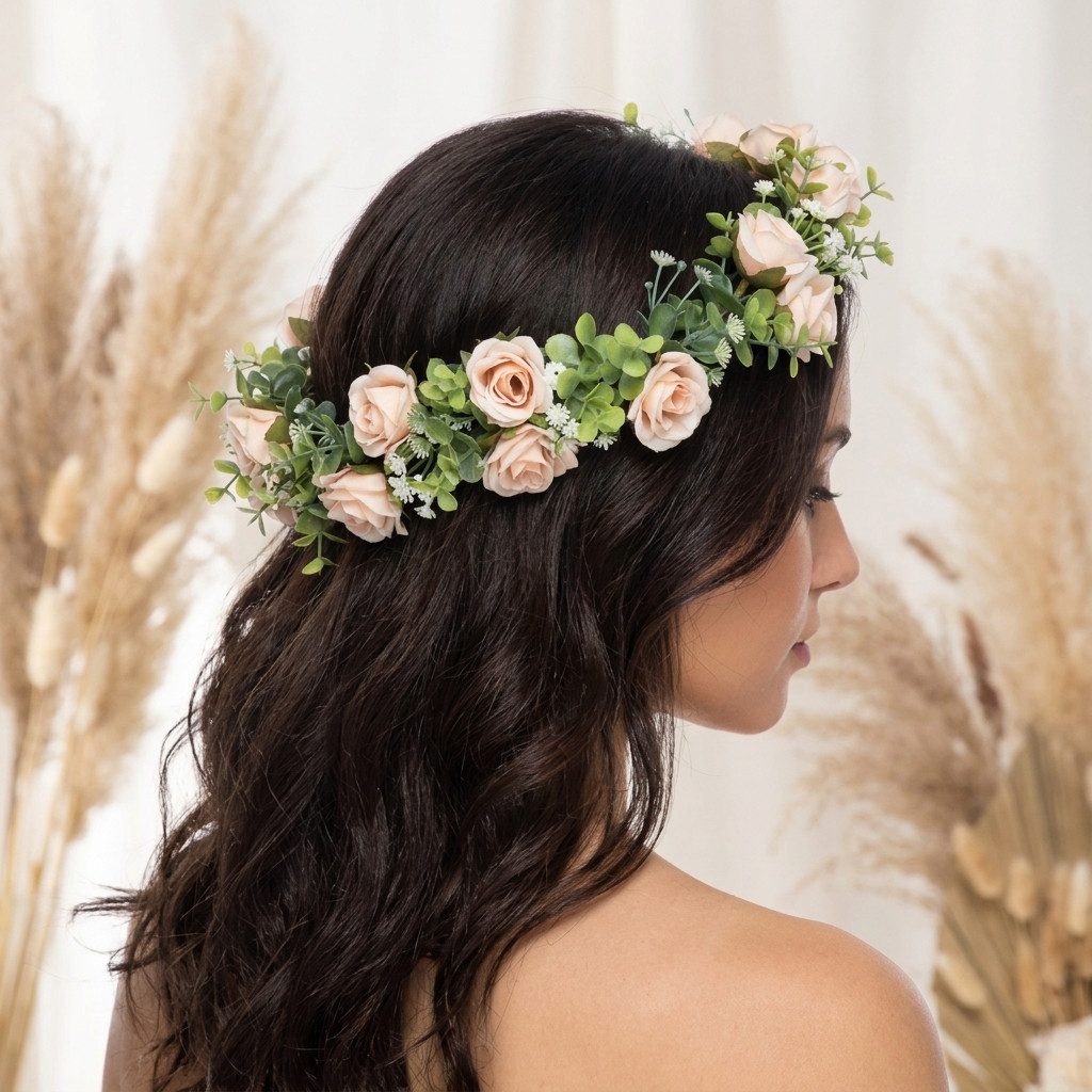 H-basics Stirnband Blumenkranz Boho Haarkranz Braut Hochzeit Festival Kunstblumen in natürlicher Optik