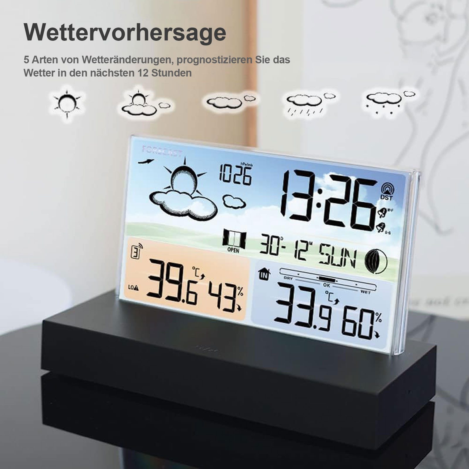 OKWISH Digital Wetteruhr Thermometer Raumthermometer Temperaturanzeige Funk Wetterstation (Mit Sensor und USB-Kabel, Außensensor Dual Alarm Temperatur Wettervorhersage Wetter Innen Außen)