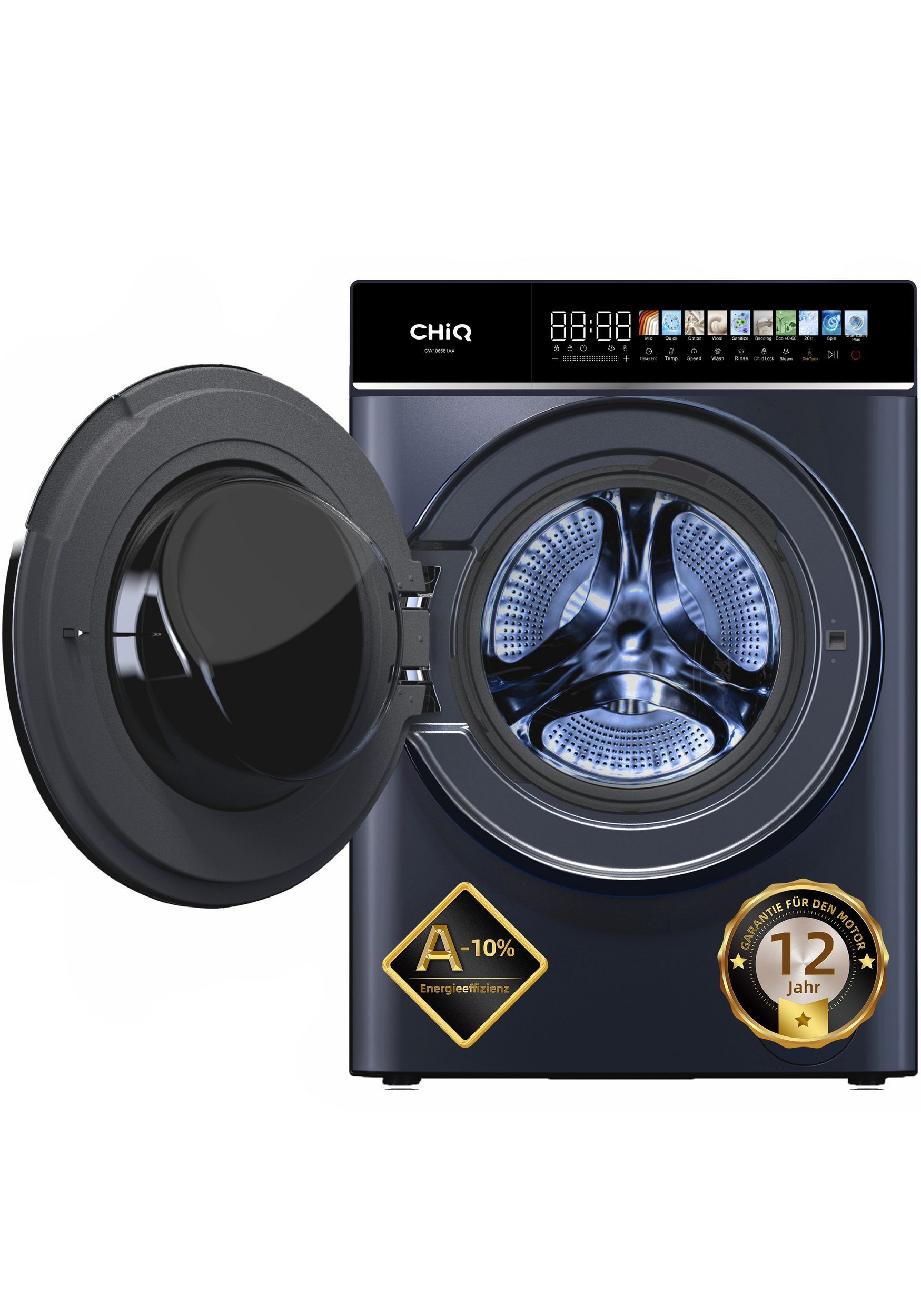 CHiQ Waschmaschine Frontlader CW106581AX, 10 kg, 1400 U/min, LED-Touchscreen, EEK A-10%, 12 Waschzyklen Speed Wash