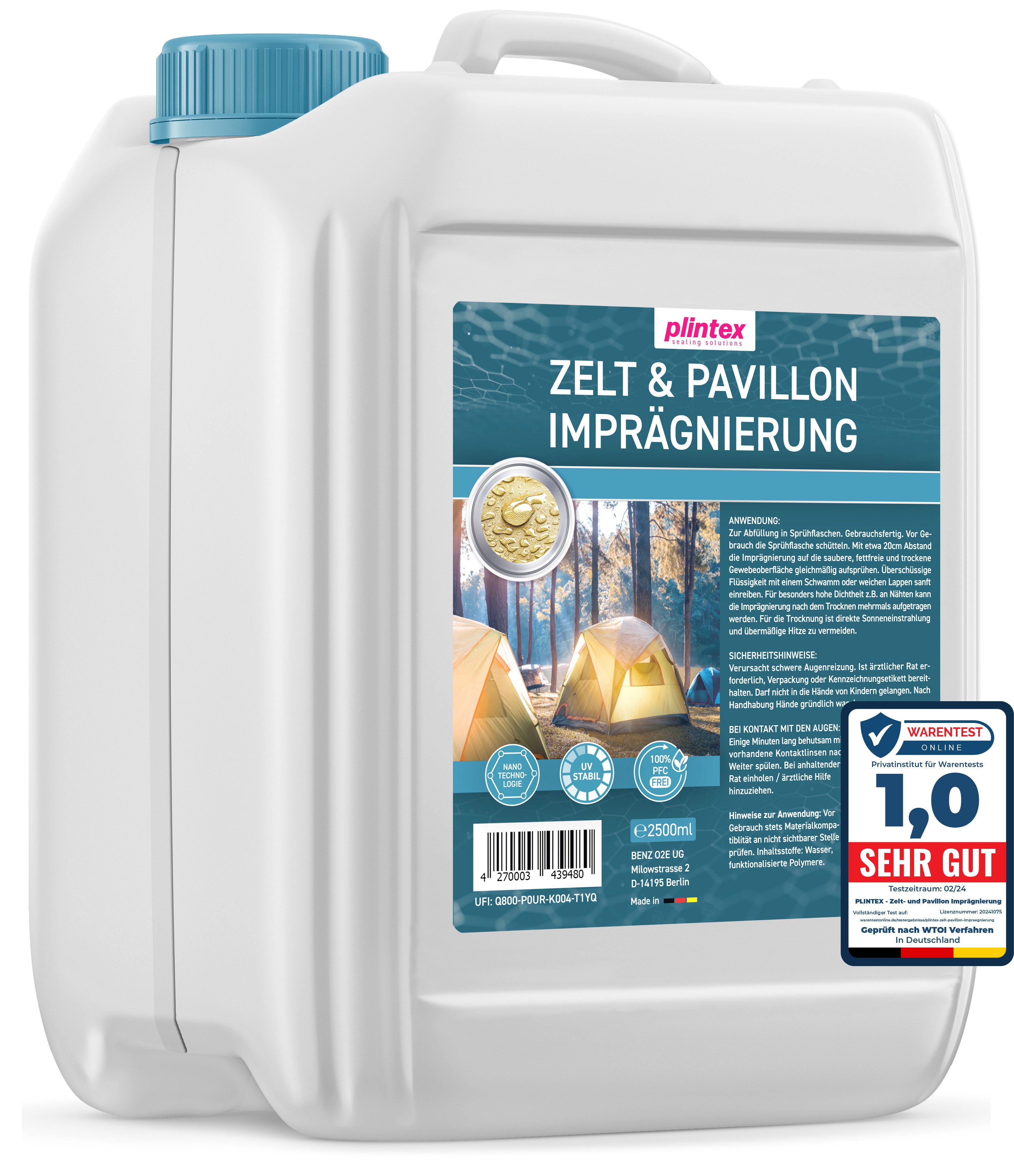 Plintex Zelt & Pavillon Imprägnierung - effektiver Flächen- und Nahtdichter Imprägnierspray (dermatologisch getestet und atmungsaktiv), 2,5l