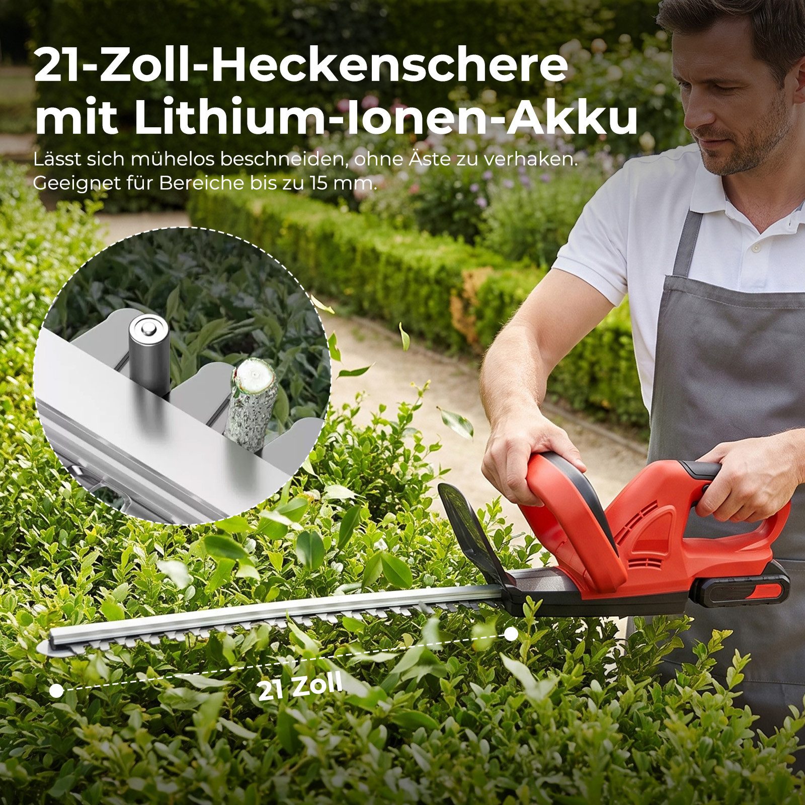 AKKEE Akku-Heckenschere 24V Elektro-Heckenschere mit 2x Akku und Ladegerät, 52cm, kabellose Gartenschere für Hecken & Büsche