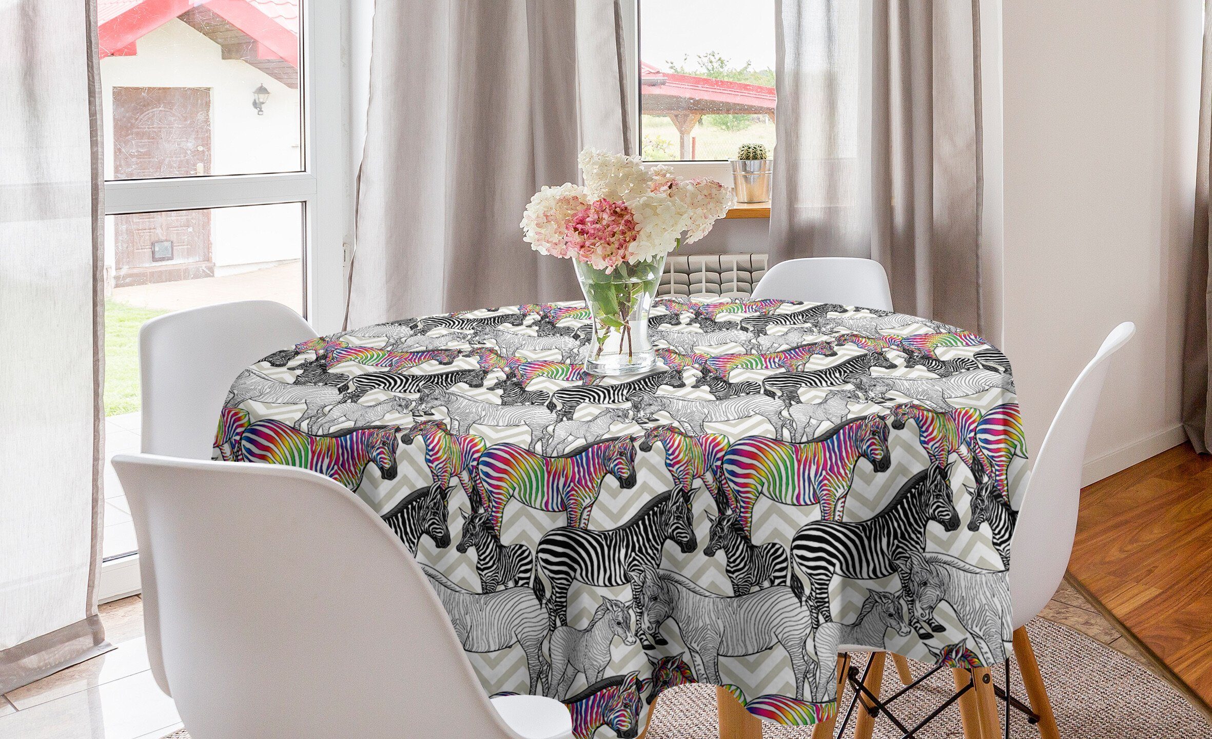 Abakuhaus Tischdecke Kreis Tischdecke Abdeckung für Esszimmer Küche Dekoration, Regenbogen Zebra Funky Tier Chevrons