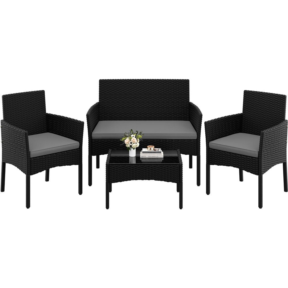 Yaheetech Balkonset Gartenmöbel-Set 4-er Set Rattanmöbel für 4 Personen, Gartengarnitur aus Zweisitzer-Sofa & 2 Einzelsofas & Kaffeetisch