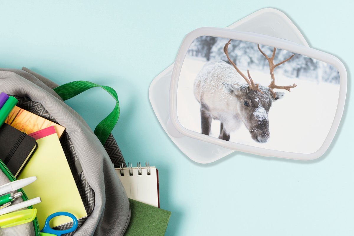 MuchoWow Lunchbox Hirsche - (2-tlg), für Mädchen Kinder Schnee, und und Erwachsene, weiß Brotdose, Jungs Kunststoff, Rentiere - Brotbox für