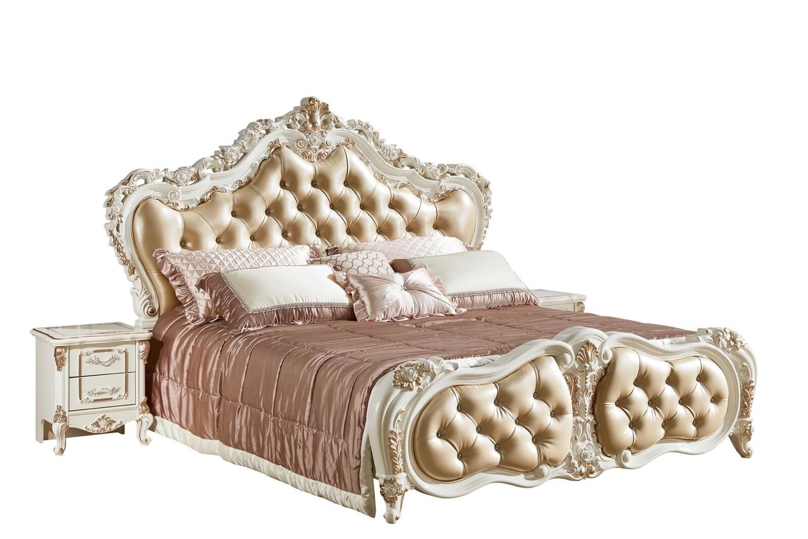 JVmoebel Bett Design Bett Schlafzimmer Mit Chesterfield Holzschnitzerei, Einrichtung Betten (Nur Bett), Möbel Chesterfield-Knöpfen Beige