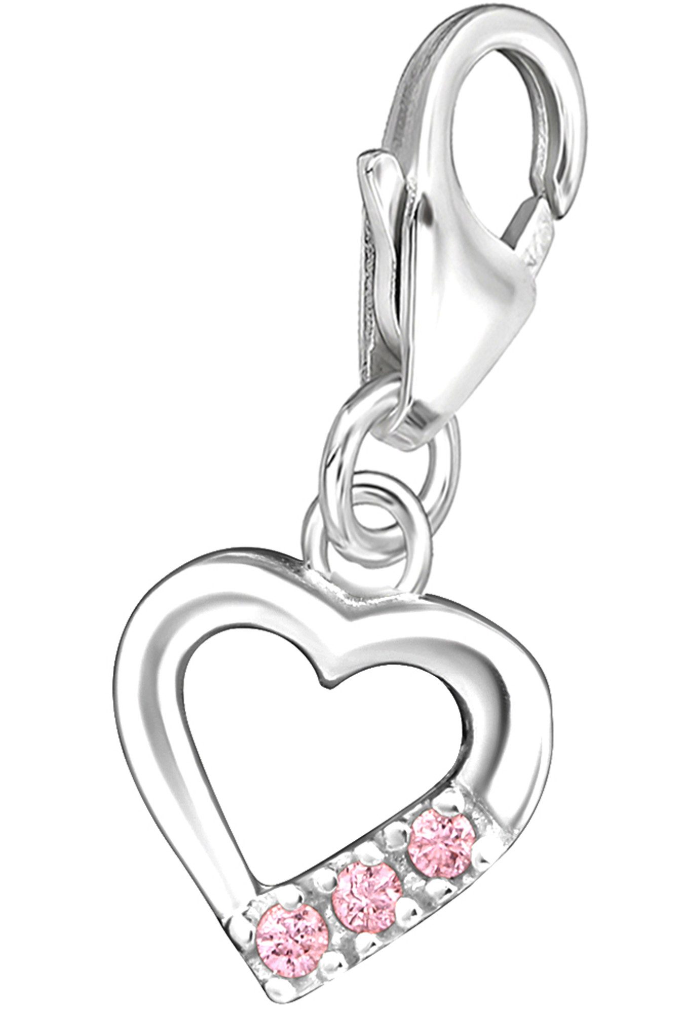 Limana Charm Herz echt 925 Silber Karabiner Herzanhänger Anhänger für Armband Kette, Bettelarmband Halskette rosa Zirkonia Geschenkidee