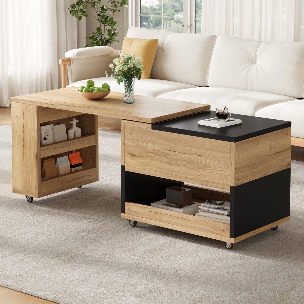 Odikalo Couchtisch Sofatisch 360° Drehbarem Seitenelement Hochklappbarer Tischplatte (Mit Stauraum, Flexibel Kombinierbarem Design Für Wohnzimmer, Arbeitszimmer Und Essbereich)