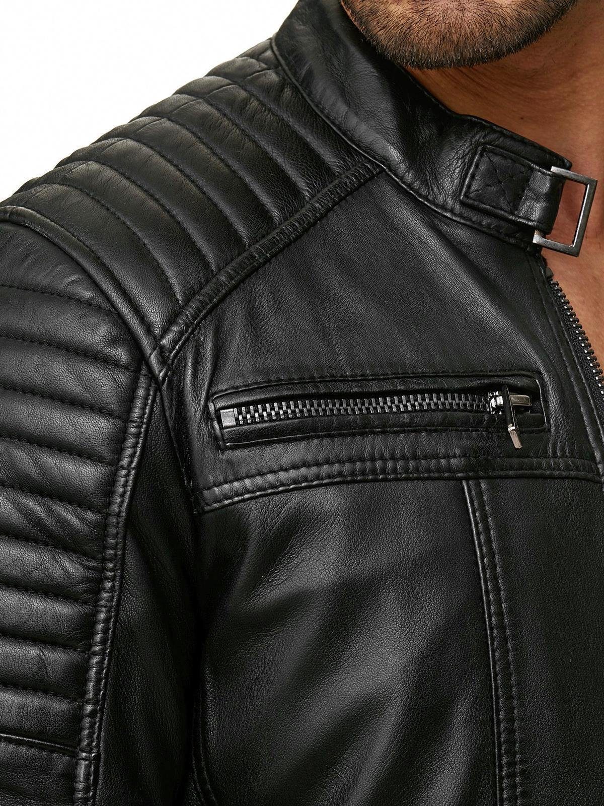 RedBridge Lederimitatjacke Urban Bikerjacke Steppjacke Kunstleder Schwarz Stehkragen mit Druckknopf – Bild 5 von 5