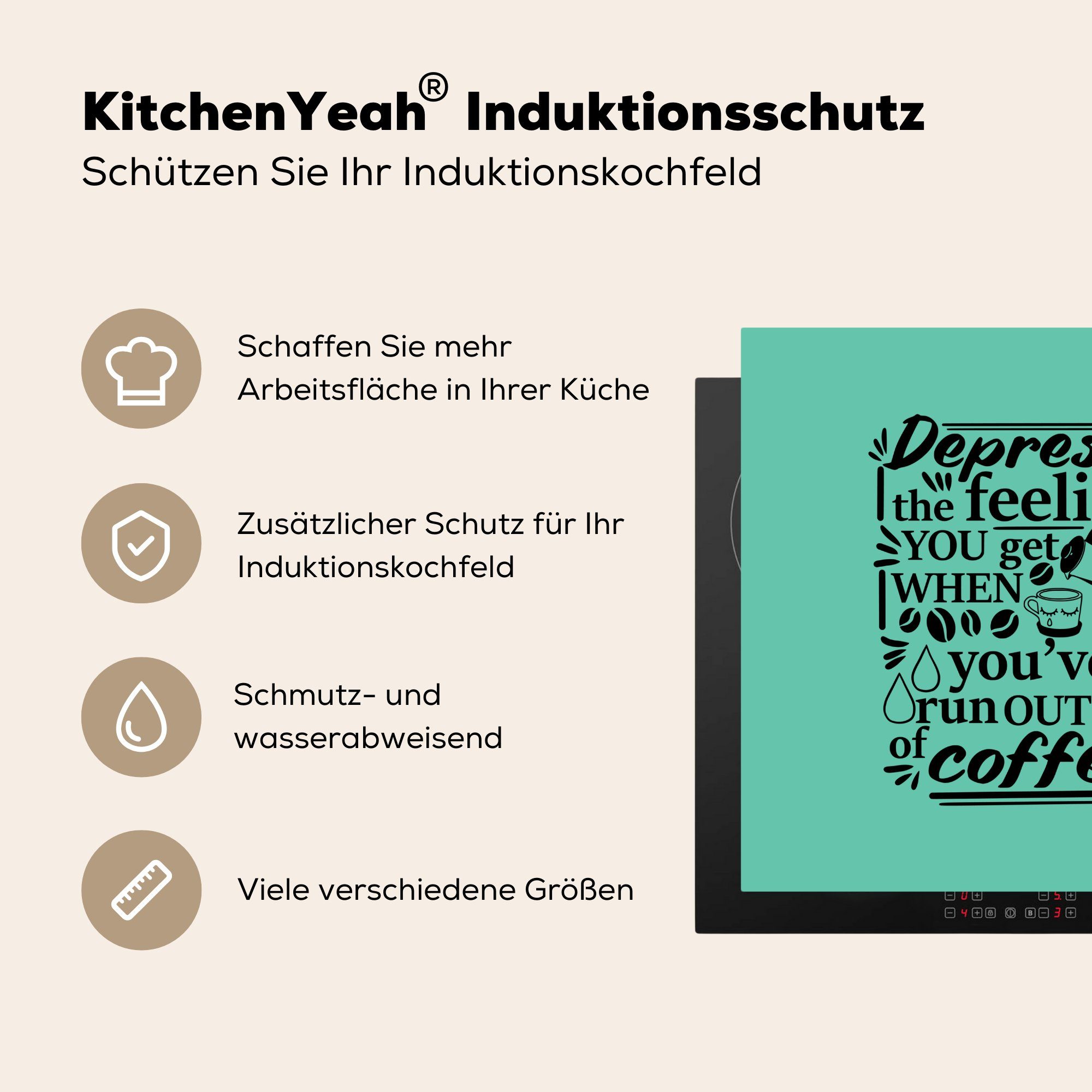 Vinyl, Arbeitsplatte Zitate für küche - MuchoWow 78x78 (1 Grün, Ceranfeldabdeckung, tlg), Kaffee cm, - Herdblende-/Abdeckplatte