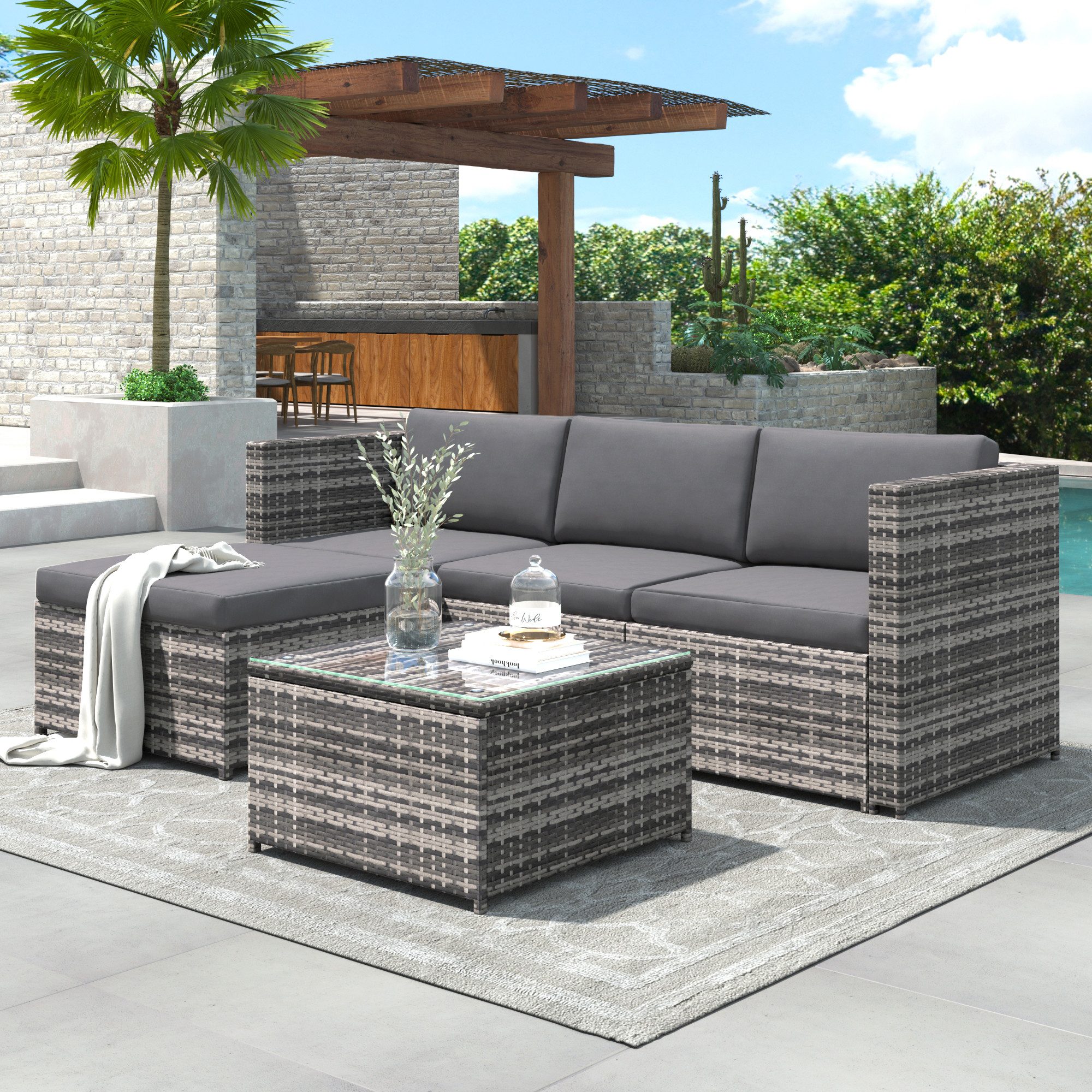 Flieks Gartenlounge-Set, Polyrattan Gartenmöbel Ecksofa mit kissen und Glas-Tischplatte