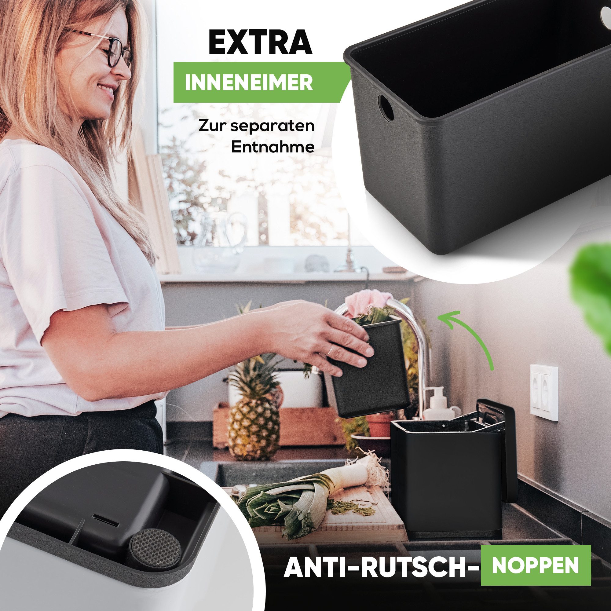 equipps Biomülleimer Biomülleimer mit Geruchsfilter 3L, Komposteimer Küche für Biomüll, mit Aktivkohlefilter, Schwingdeckel