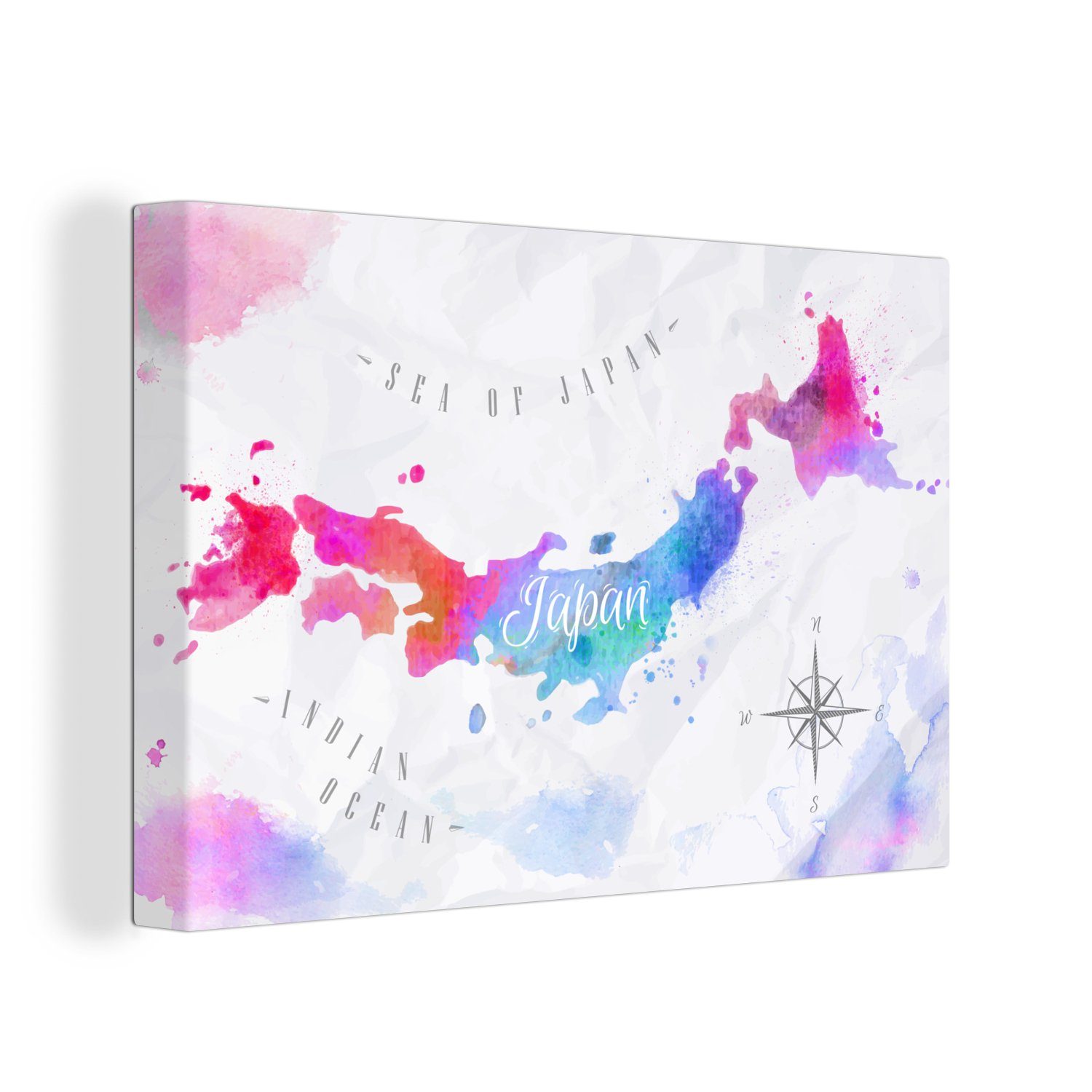 OneMillionCanvasses® Leinwandbild Weltkarte - Farben - Japan, (1 St), Wandbild Leinwandbilder, Aufhängefertig, Wanddeko, 30x20 cm