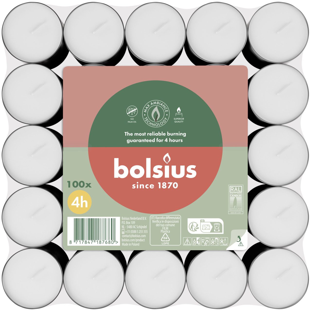 Bolsius Teelicht Bolsius Teelichte 100er Flatpack 4 Stunden weiß