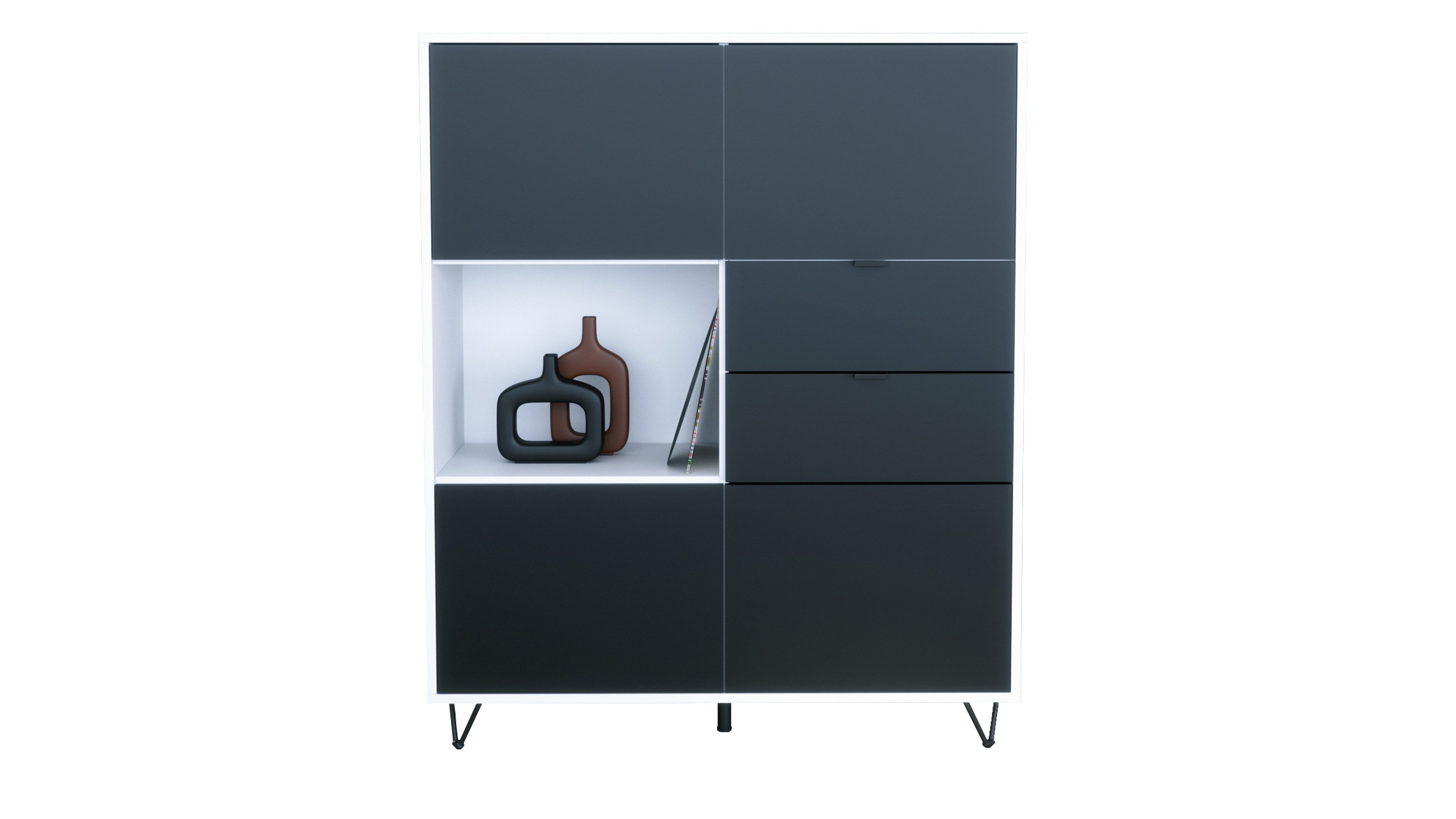Vladon Highboard Marino V1 (Highboard mit 4 Tür Schwarz matt, 2 Schubladen Schwarz matt, Made in Germany), Korpus Weiß matt (103 x 125,5 x 37 cm)
