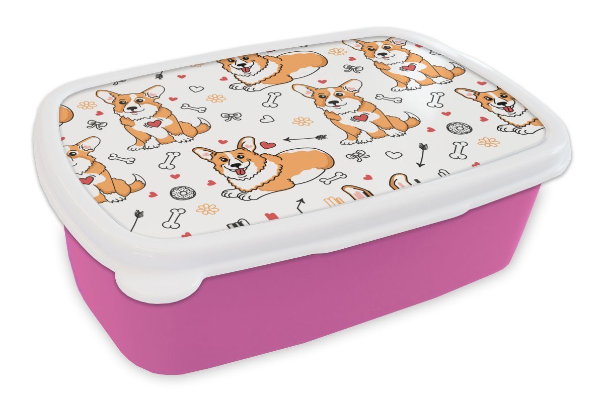 MuchoWow Lunchbox Hund - Corgi - Muster, Kunststoff, (2-tlg), Brotbox für Erwachsene, Brotdose Kinder, Snackbox, Mädchen, Kunststoff rosa