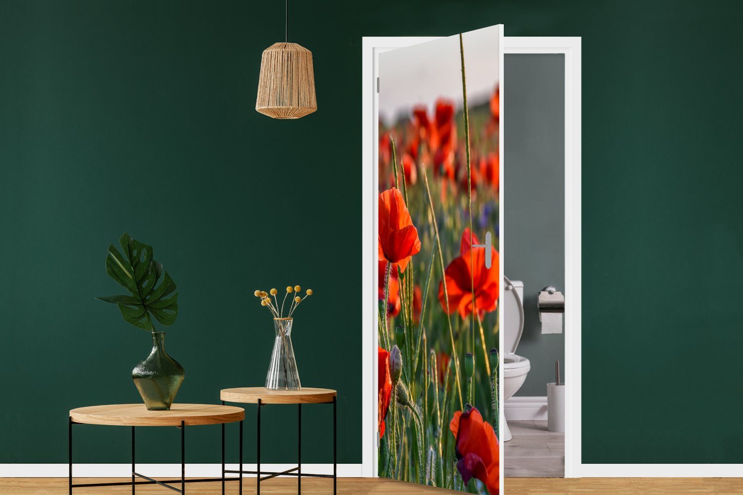 Natur 75x205 Tür, Rot, - bedruckt, Fototapete cm - - MuchoWow St), Türaufkleber, Türtapete Blumen Matt, Mohnblumen für (1