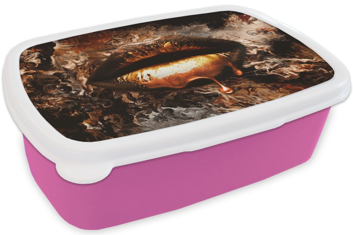 MuchoWow Lunchbox Abstrakt, - - - Snackbox, Luxus - Kinder, (2-tlg), Kunst Gold Gold Mädchen, für Erwachsene, - Kunststoff Brotbox Kunststoff, Lippen Brotdose rosa