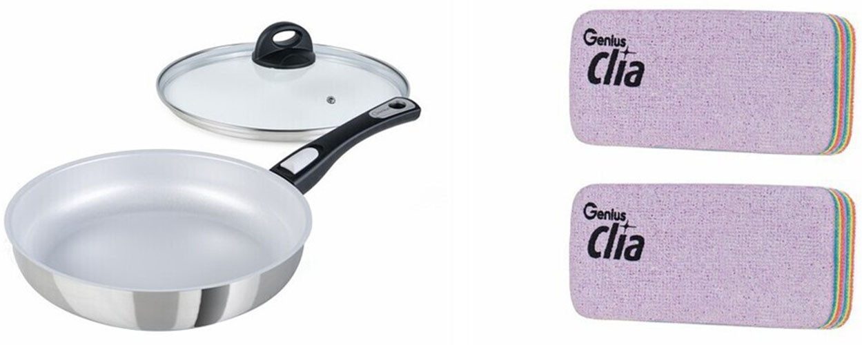 Genius Bratpfanne Cerafit Steel, inkl. Rainbow Schwämme, Set 4-tlg., Edelstahl 18/10 (Set, 4-tlg., Pfanne mit abnehmbarem Griff, Glasdeckel, 2x Clia Rainbow Schwämme), hitzebeständig, spülmaschinengeeignet