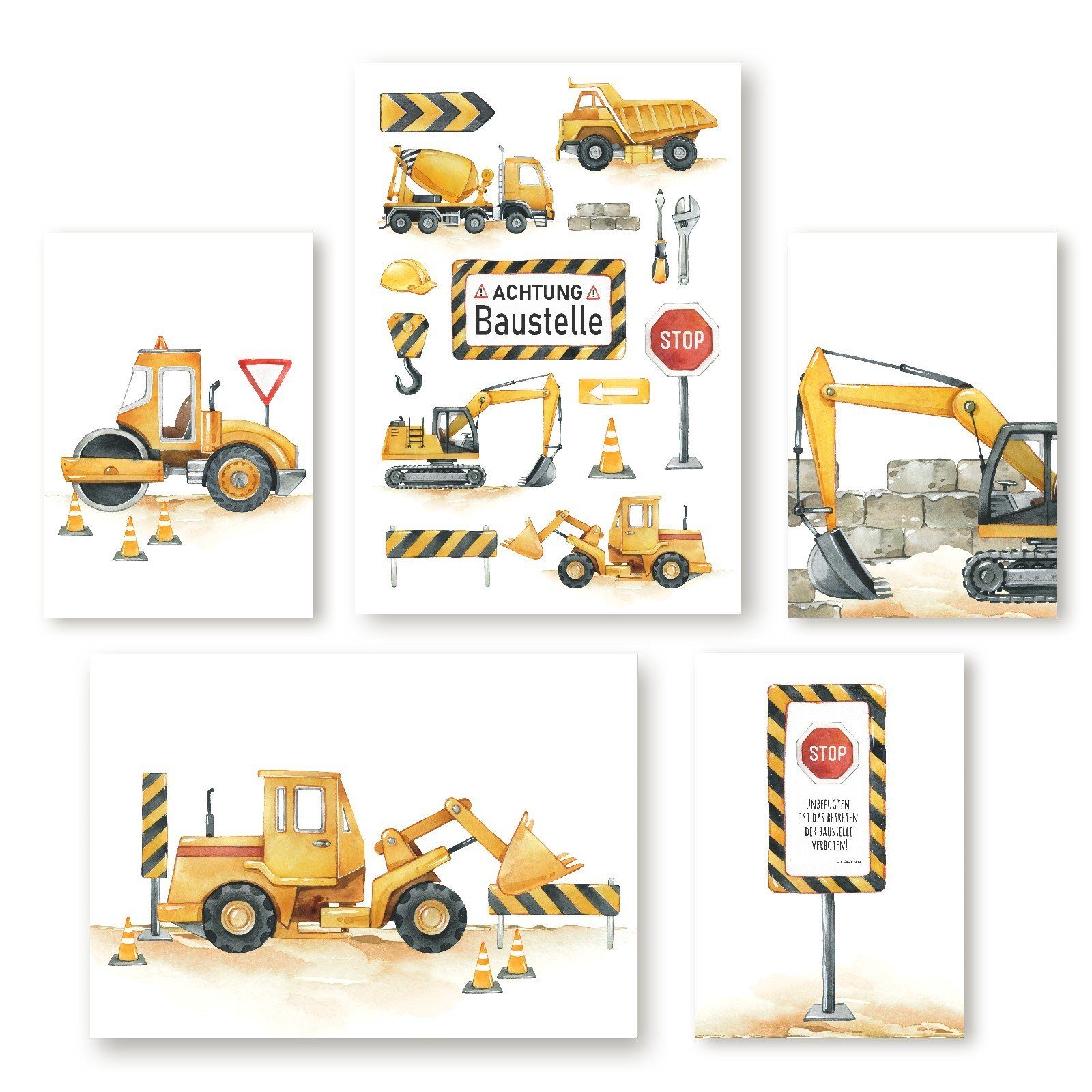 homestyle-accessoires Плакат Kinderzimmer Изображенияset ACHTUNG BAUSTELLE BAGGER BETONMISCHER, (5 St), - Ohne Изображенияrahmen - sorgfältige & sichere Verpackung