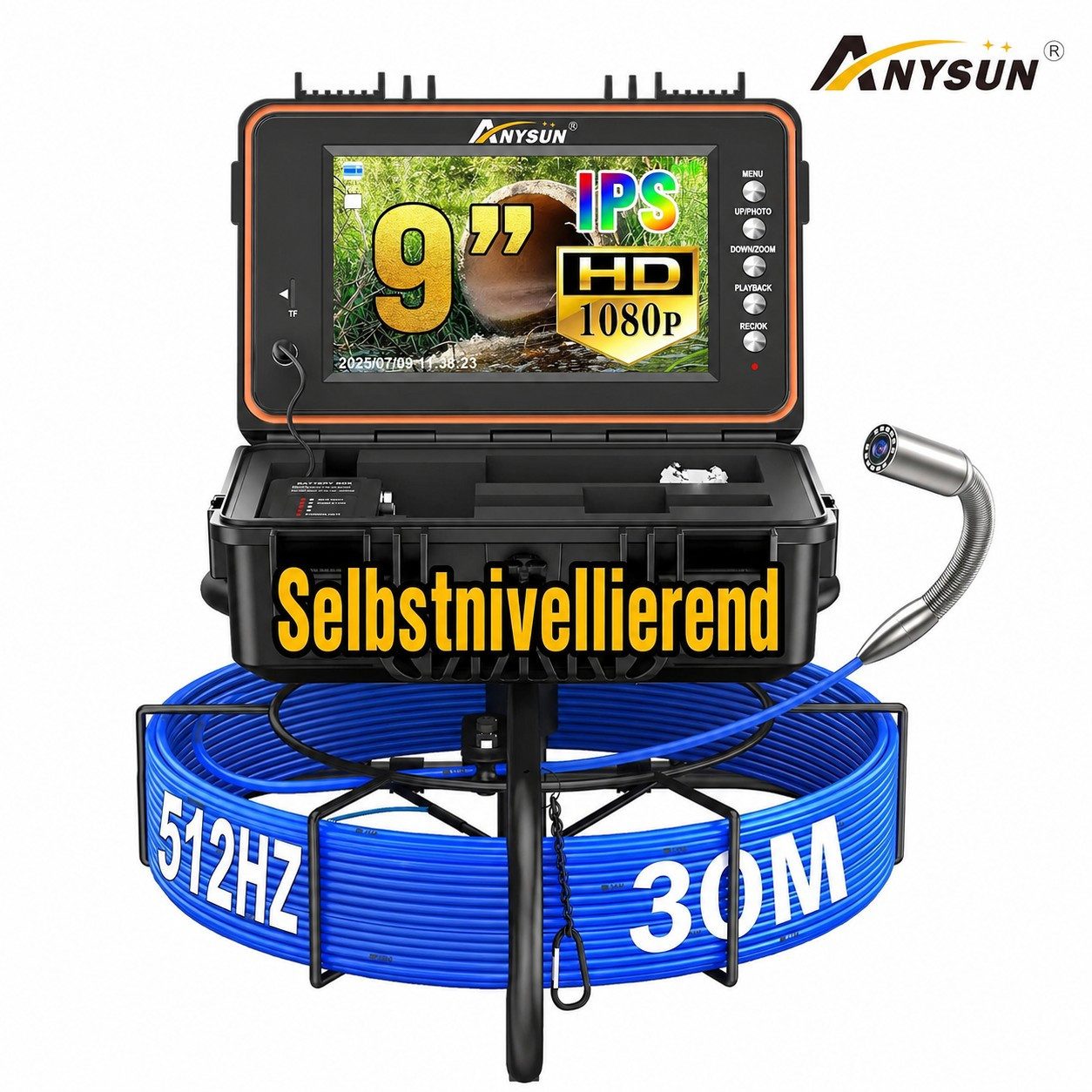 ANYSUN L09D2 Kanalkamera 30m mit Selbstnivellierend Meterzähler 512-Hz-Sender Inspektionskamera (Rohrkamera mit DVR, Audioaufnahme, HD 9" HD‑Display, 12 Licht 23mm Wasserdicht, 7mm Kable)