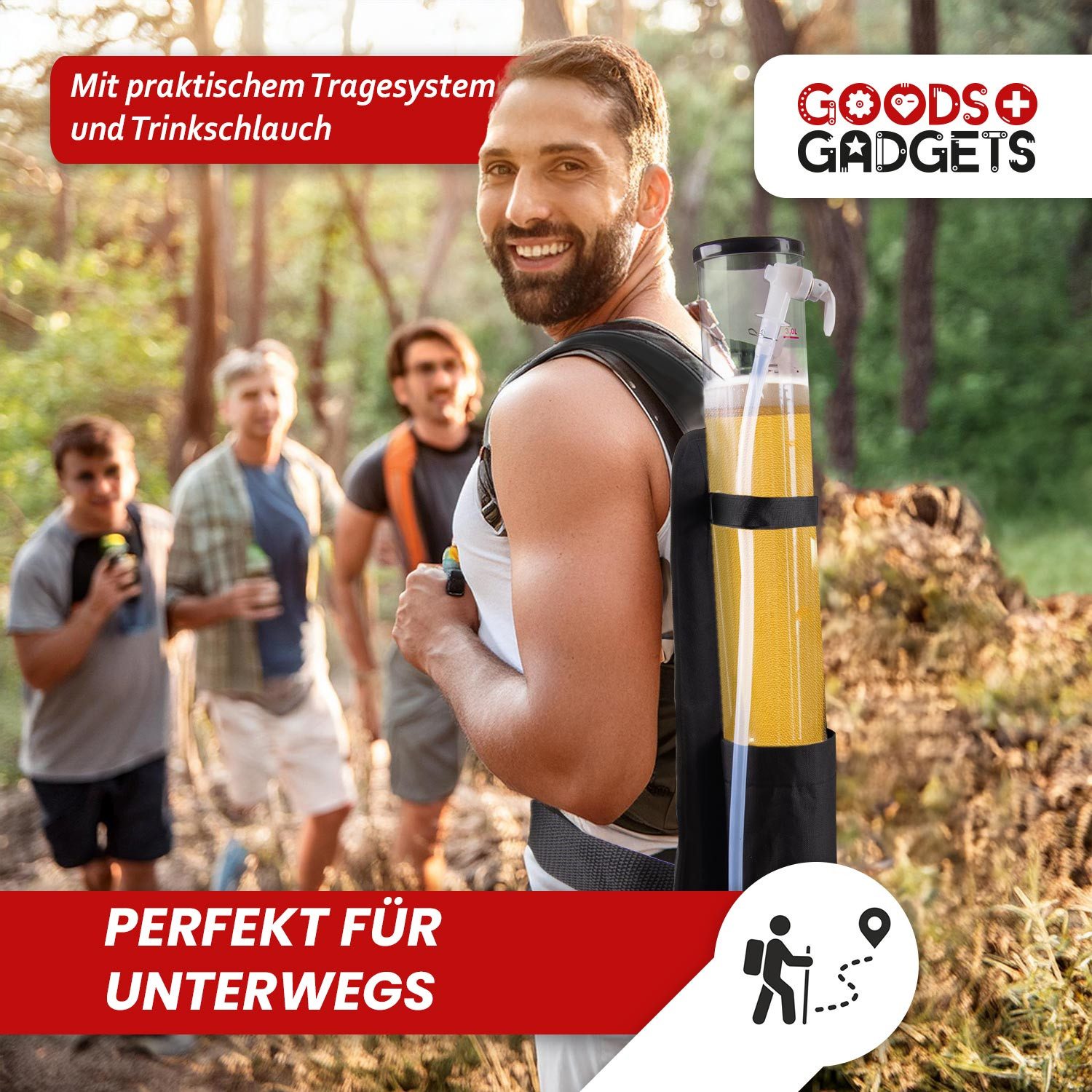 Goods+Gadgets Getränkespender GOODS+GADGETS 3L Bier Spender – Party Getränke Rucksack mit Zapfhahn, Getränkerucksack 1 x 3 Liter