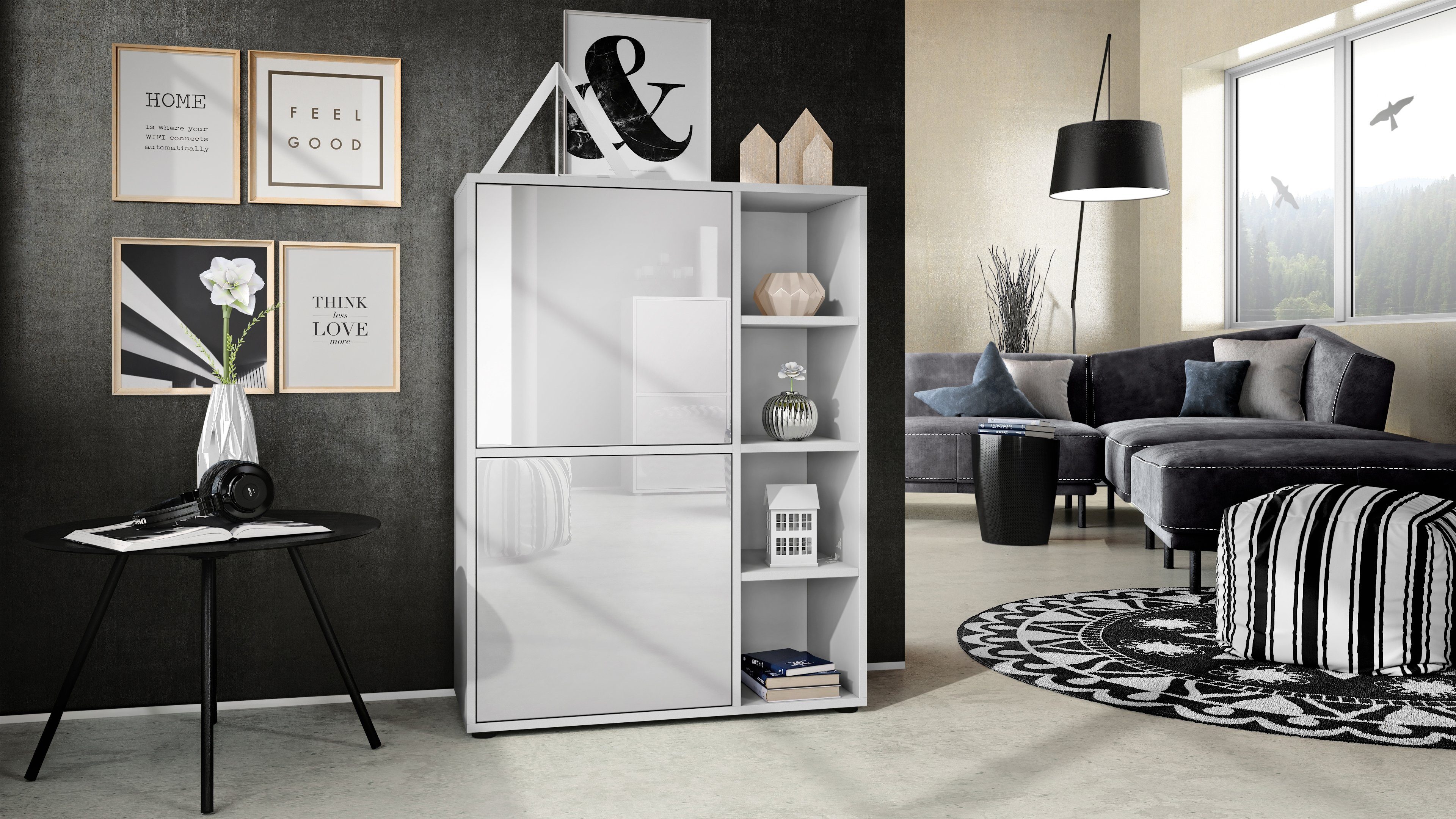 Vladon Highboard Cuba (Anrichte, mit 2 Türen und 4 offene Fächer), Weiß mat günstig online kaufen