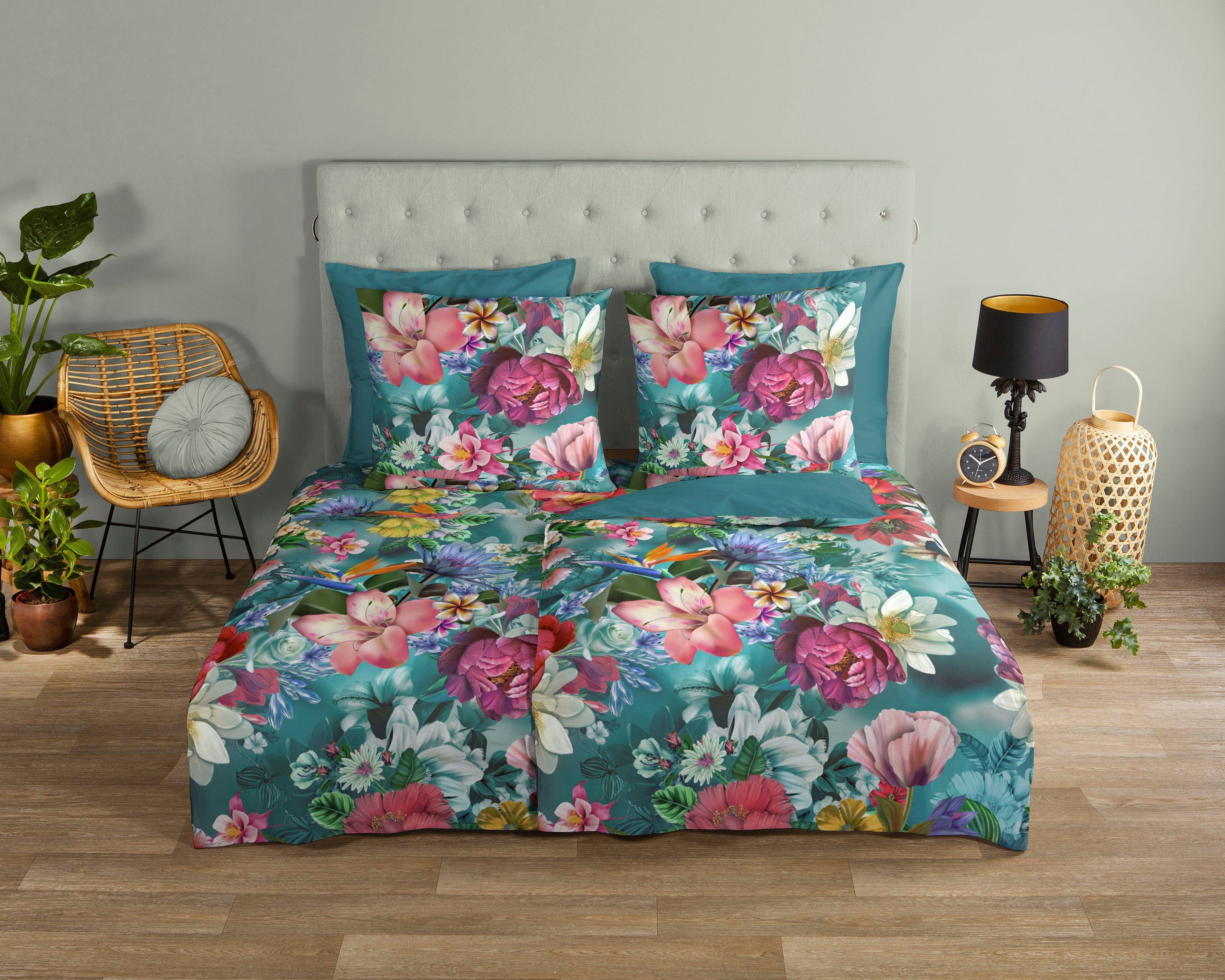 good morning Wendebettwäsche Tiandra, Renforcé, 2 teilig, Baumwolle, 135x200, Reißverschluss, Wendeoptik, Blumen, Petrol