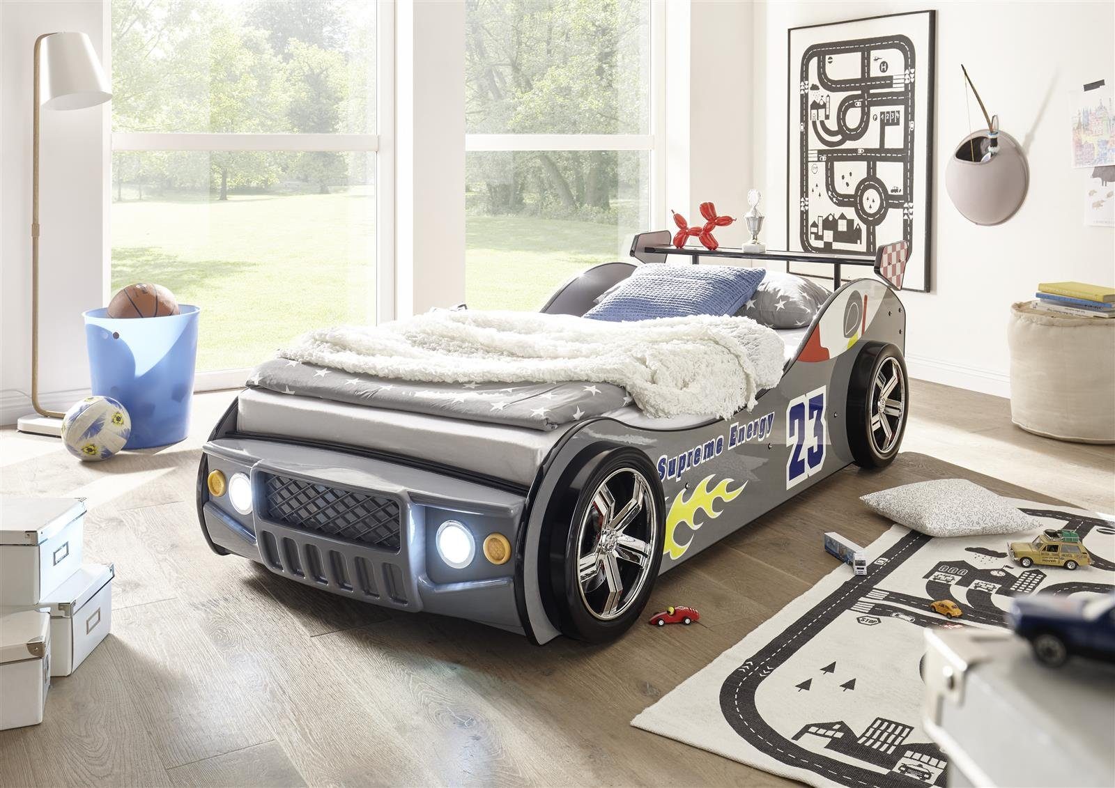 möbelando Autobett Letta, Autobett mit LED-Beleuchtung 90 x 200 cm -  Aufregendes Auto Kinderbett für kleine Rennfahrer in Schwarz - 105 x 60 x  225 cm (B/H/T)