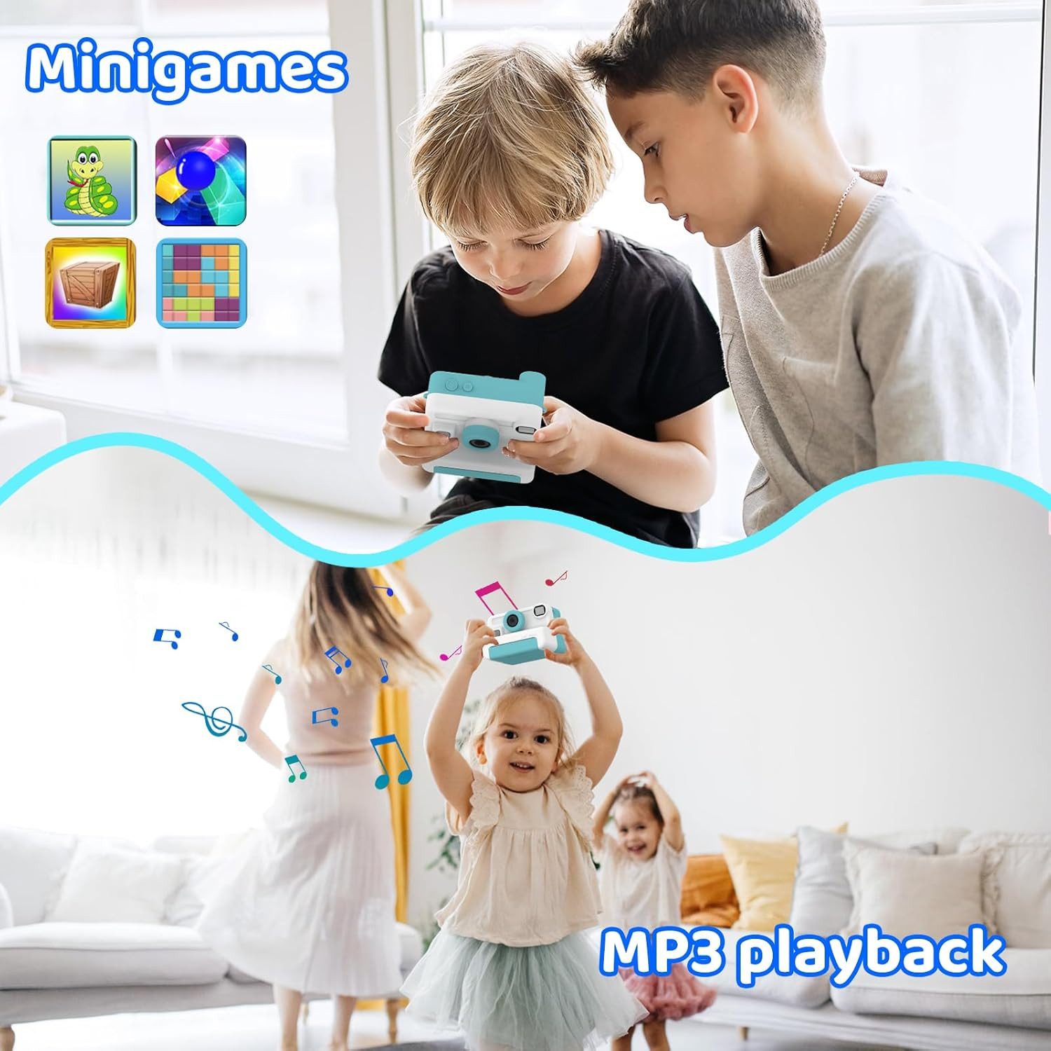 AMZSA Kinderkamera Sofortdruck 1080P HD mit 32GB Karte Sofortbildkamera Sofortbildkamera (inkl. Kinderkamera Set mit Druckpapier Stiften Stickern und 32GB Karte, Sofortdruck 1080P Video 32GB Karte Spiele kompakte Bauweise)