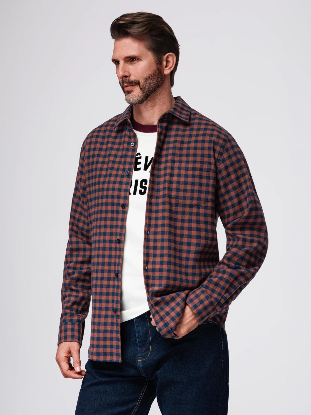 OMBRE Flanellhemd Kariertes Flanellhemd für Herren - marineblau und orange