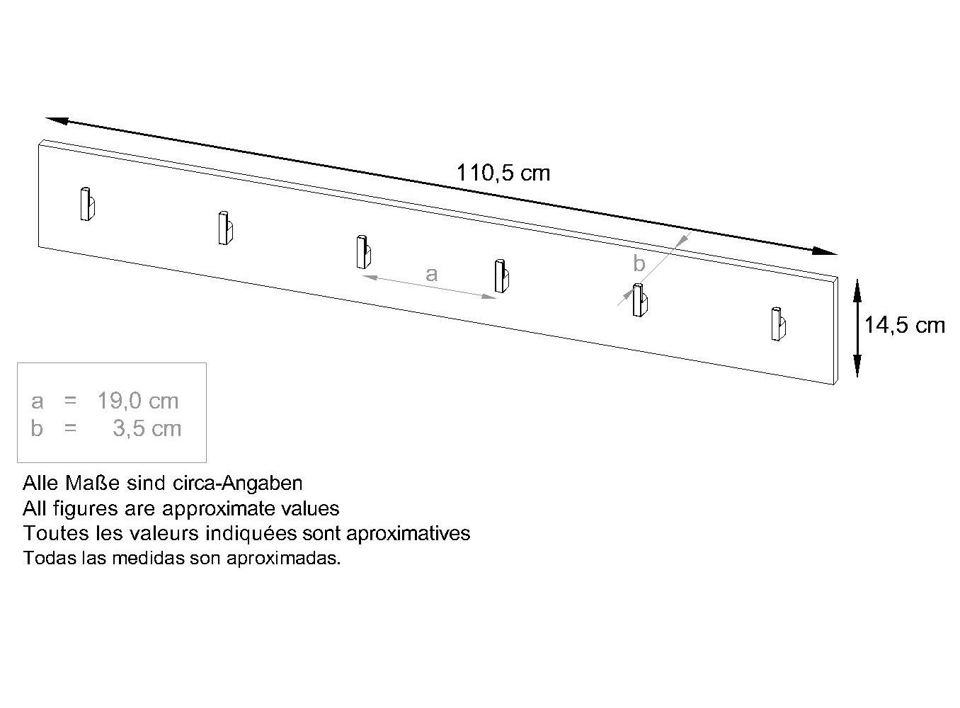 Vladon Garderobenpaneel Linea V1 (Wandgarderobe, mit 6 Kleiderhaken), Weiß Hochglanz (110,5 x 14,5 x 3,5 cm) – Bild 5 von 5