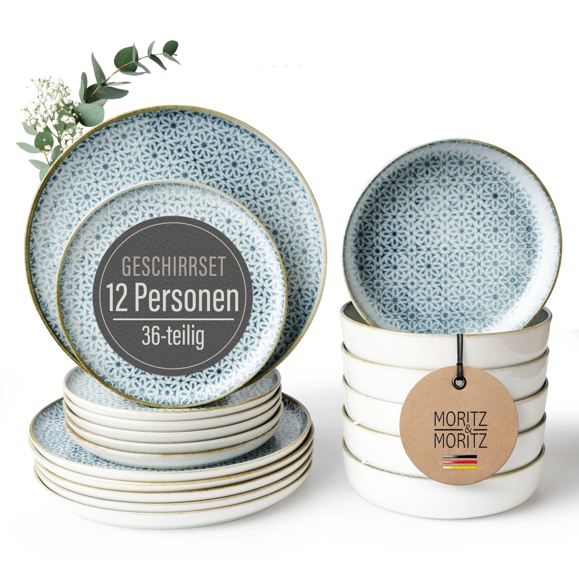 Moritz & Moritz Kombiservice ALHAMBRA Geschirrset Blau (36-tlg), 12 Personen, Porzellan, Spülmaschinengeeignet & Mikrowellensicher