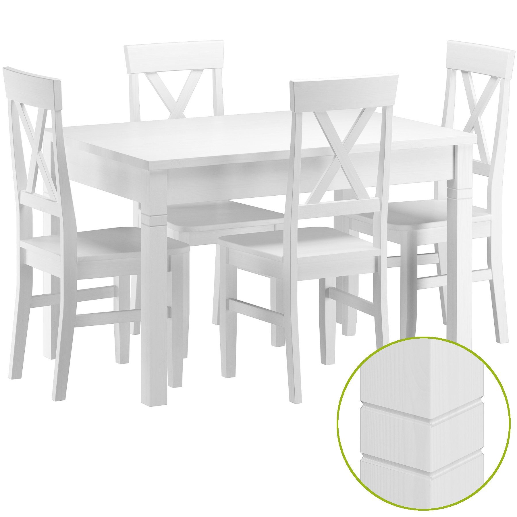 ERST-HOLZ Essgruppe Repräsentative Essgruppe Tisch und 4 Stühle Kiefer Massivholz weiß